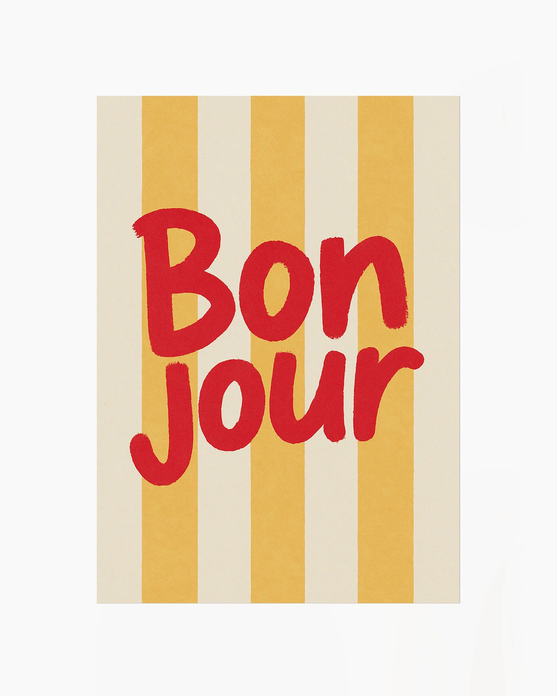 Poster with 'Bonjour' text in red on a striped yellow and beige background