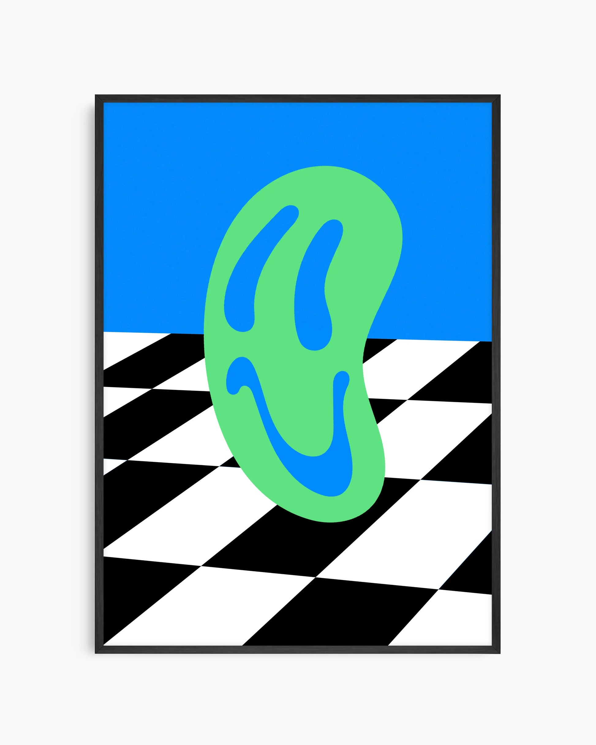 Children's poster of a green smiley on a blue background with black and white checkered pattern framed in a black frame.