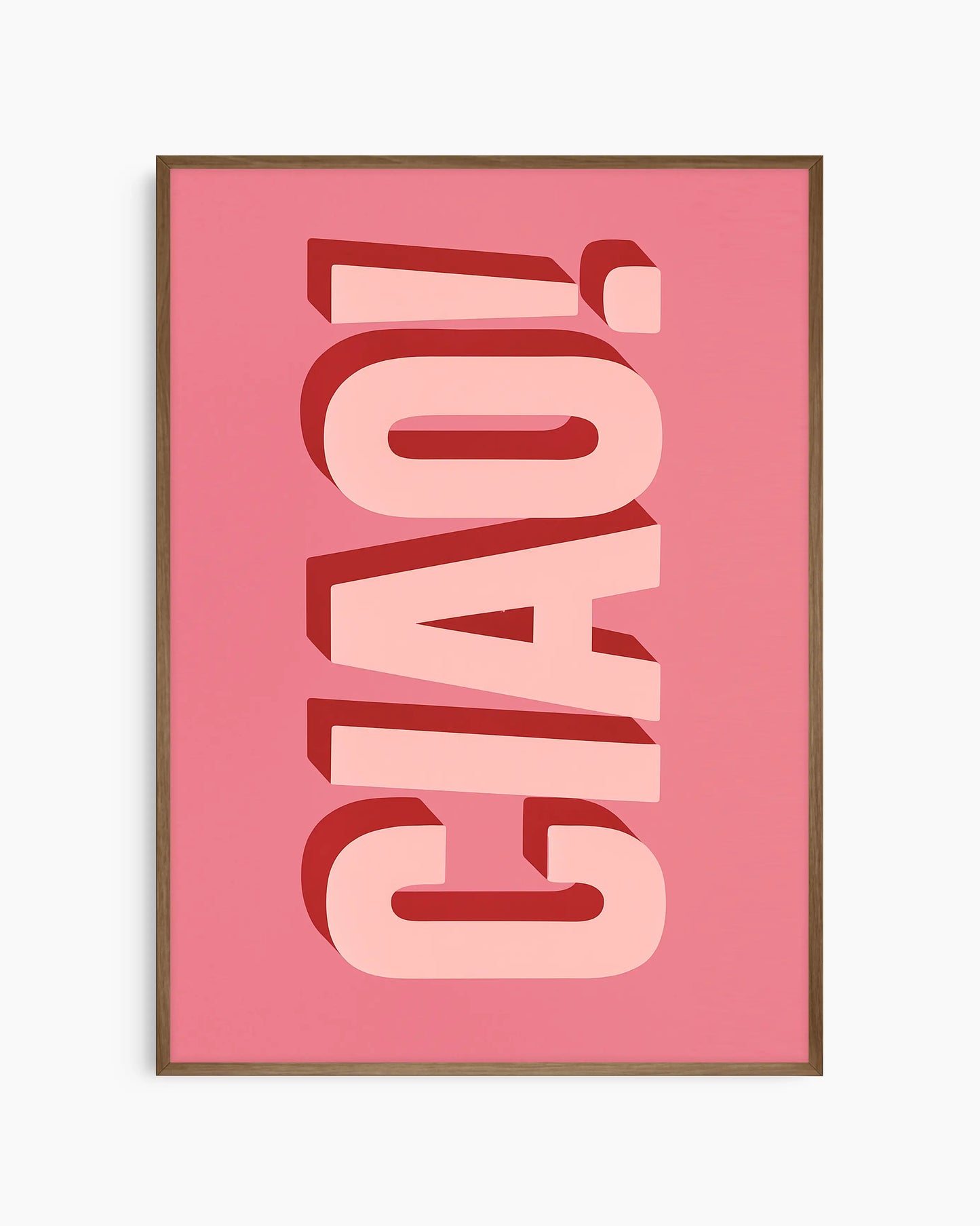 Children's poster with the text 'CIAO!' on a pink background framed in a dark oak frame.