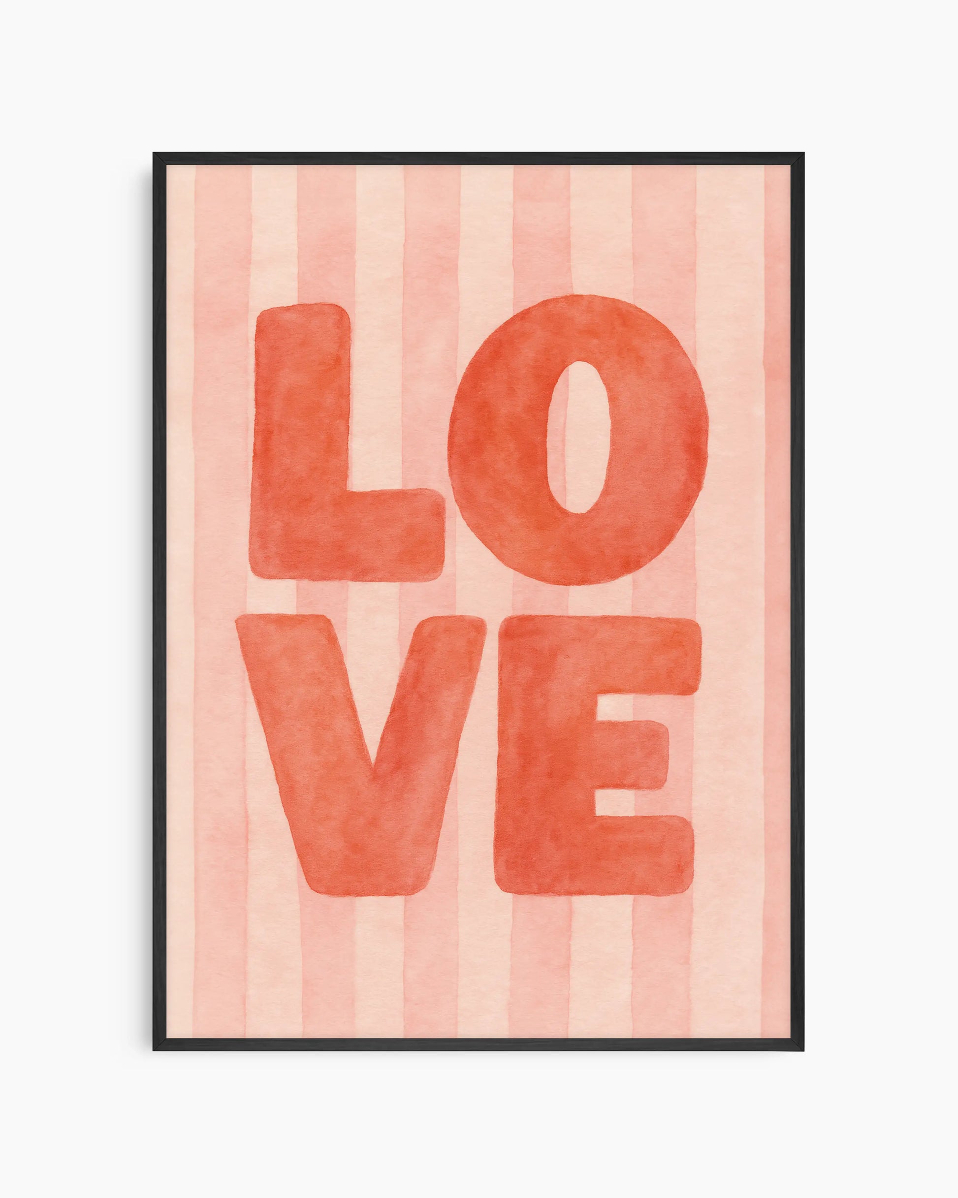 Children's poster with red 'LOVE' text on a striped pink background framed in a black wooden frame.