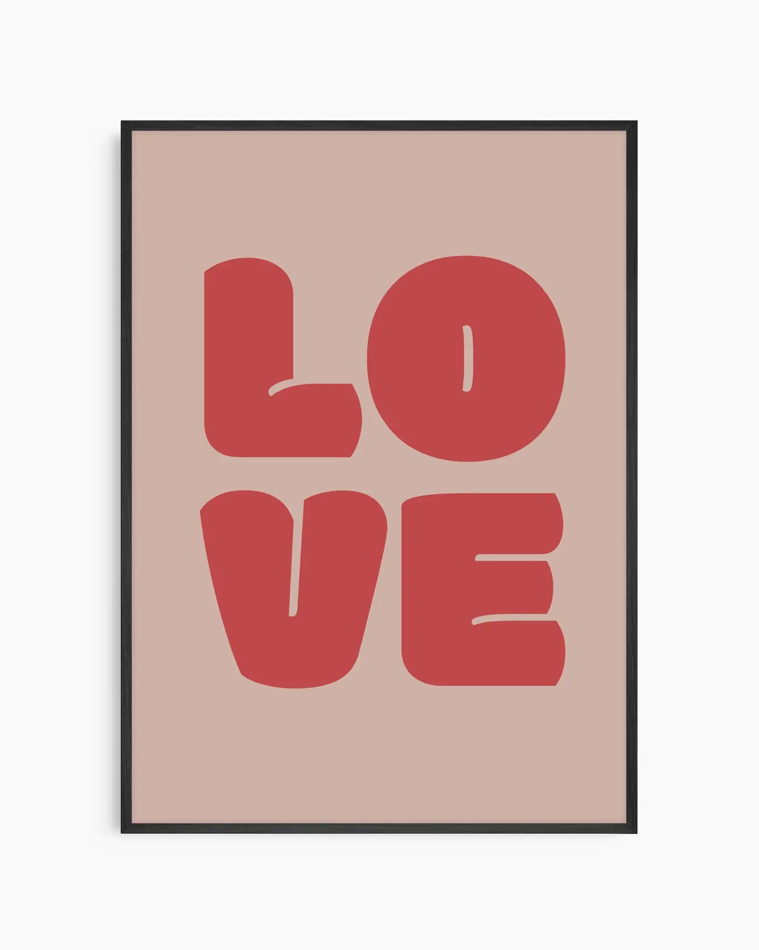 Children's poster with red 'LOVE' text framed in a black wooden frame.