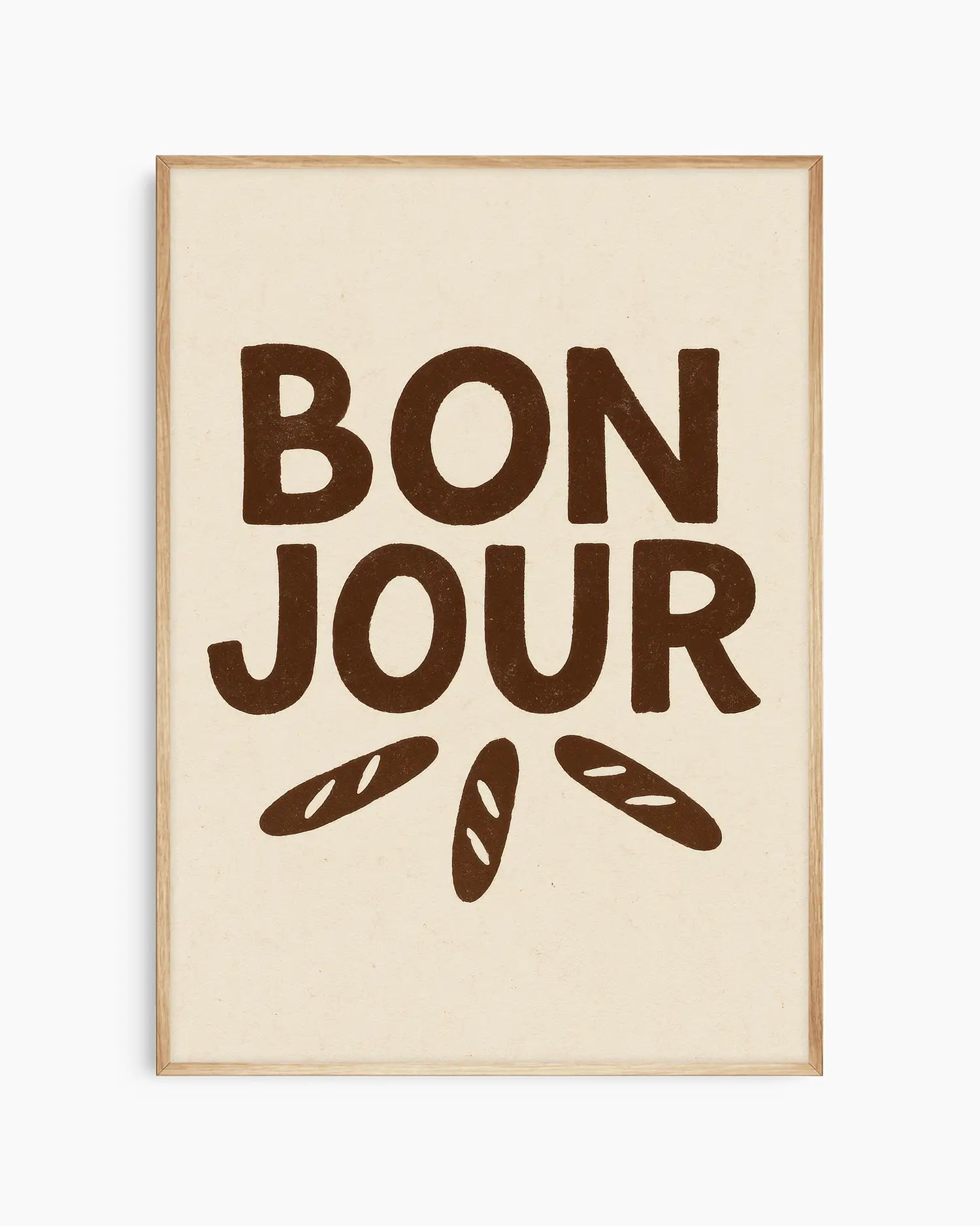 Beige poster with 'Bonjour' text and bread illustrations in brown framed in an oak frame.