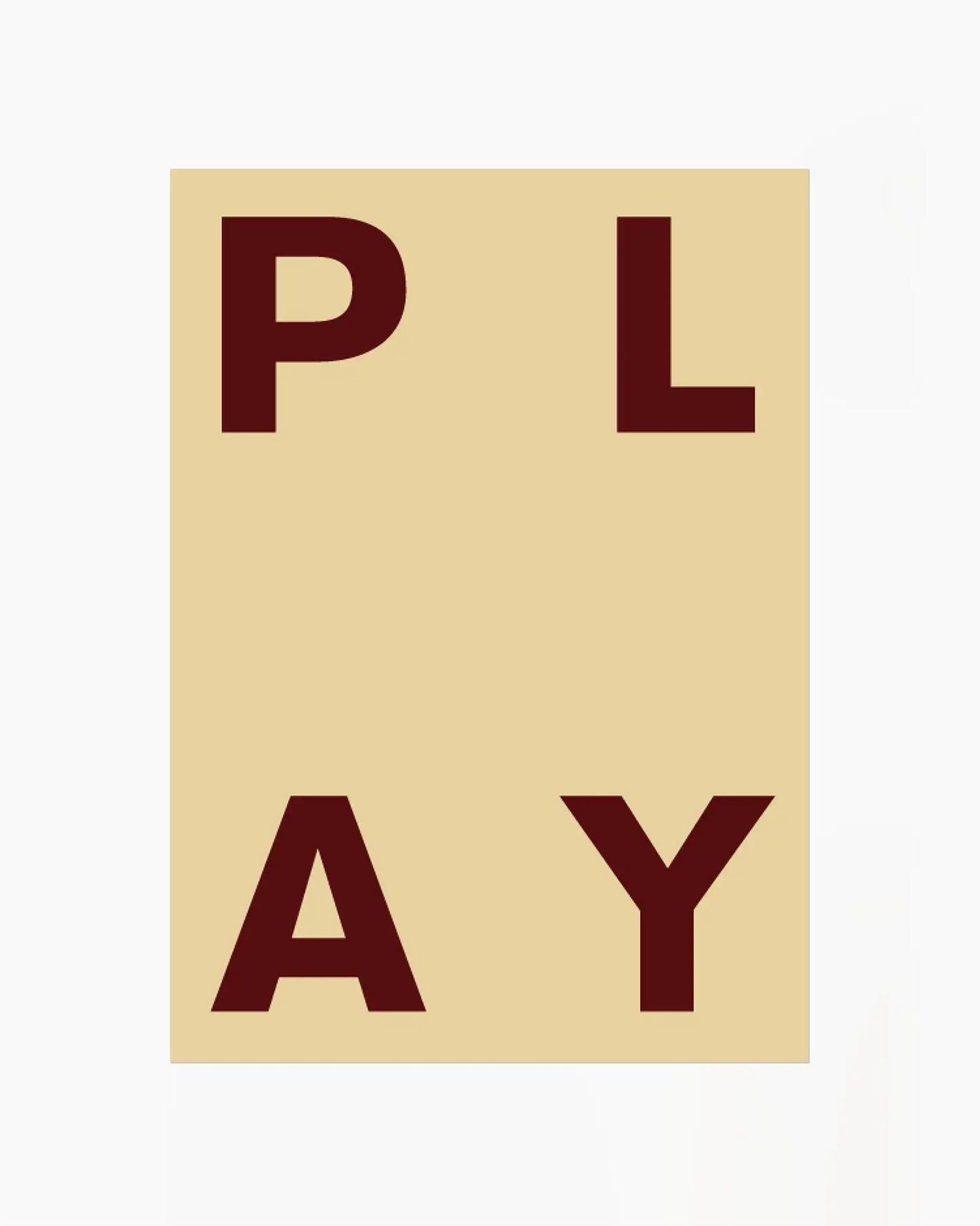 Beige nursery poster with maroon letters spelling 'PLAY' on a beige background