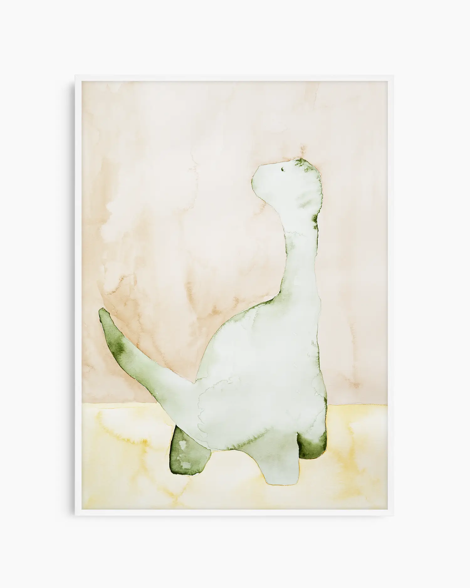 Children's poster of a green dinosaur inside of a white frame