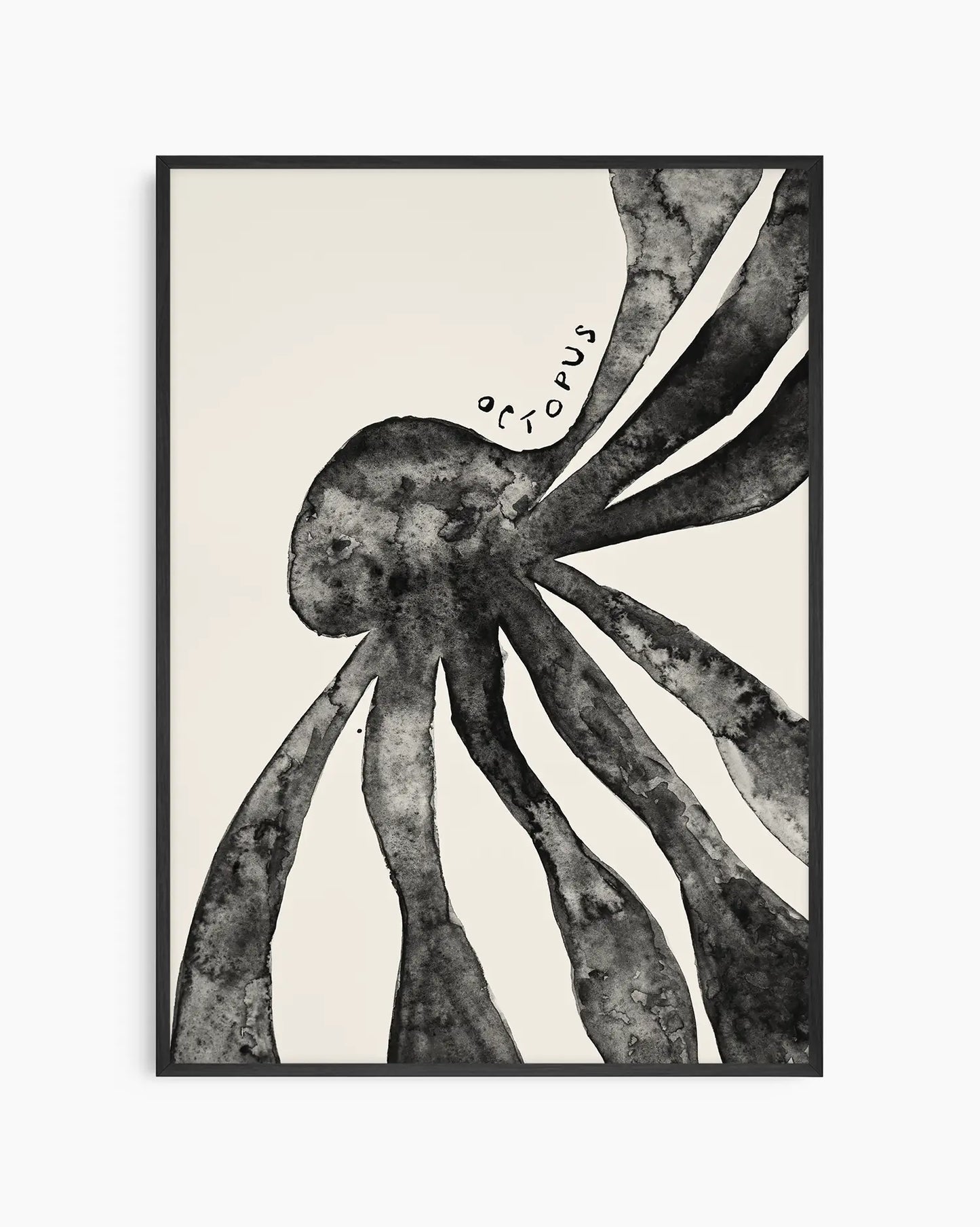 Black and white illustration of an octopus on a beige background inside of a black frame