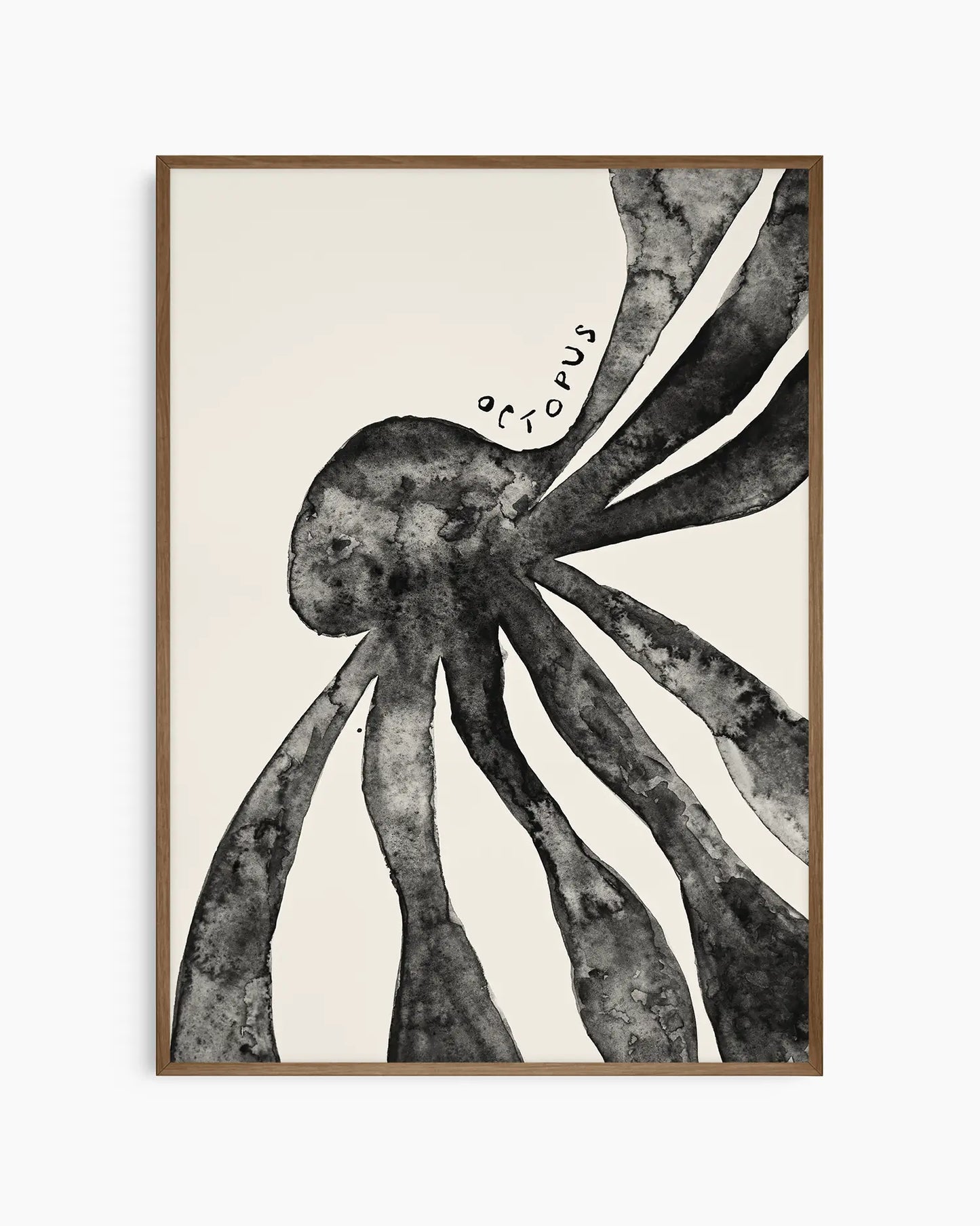 Black and white illustration of an octopus on a beige background inside of a dark oak frame