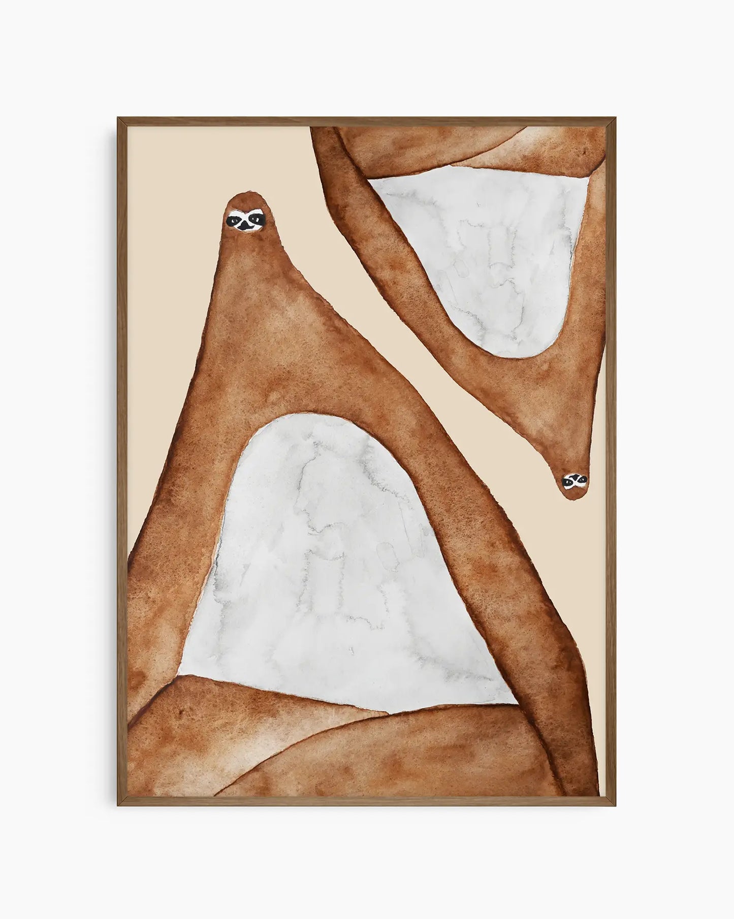 Nursery poster of two lazy sloths in brown on a beige background in a dark oak frame.