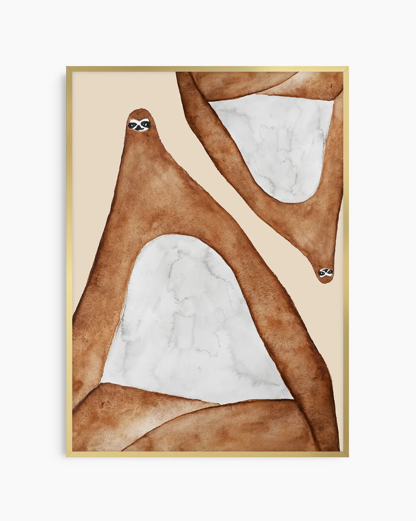 Nursery poster of two lazy sloths in brown on a beige background in a gold frame.