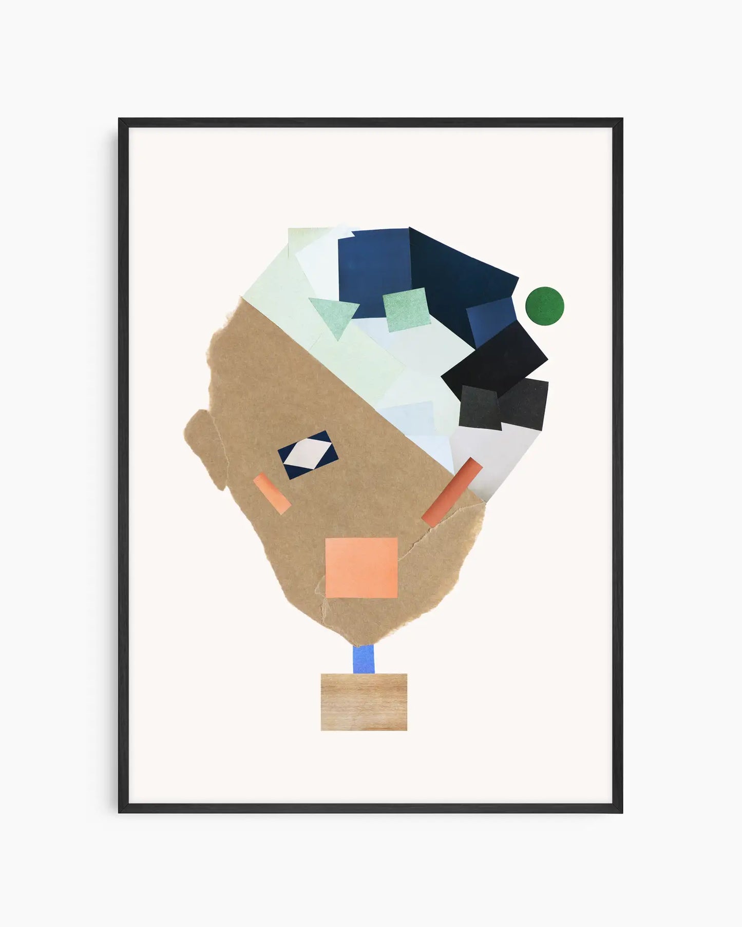 Nursery poster of a collage face made from colorful shapes on a white background framed in a black frame.