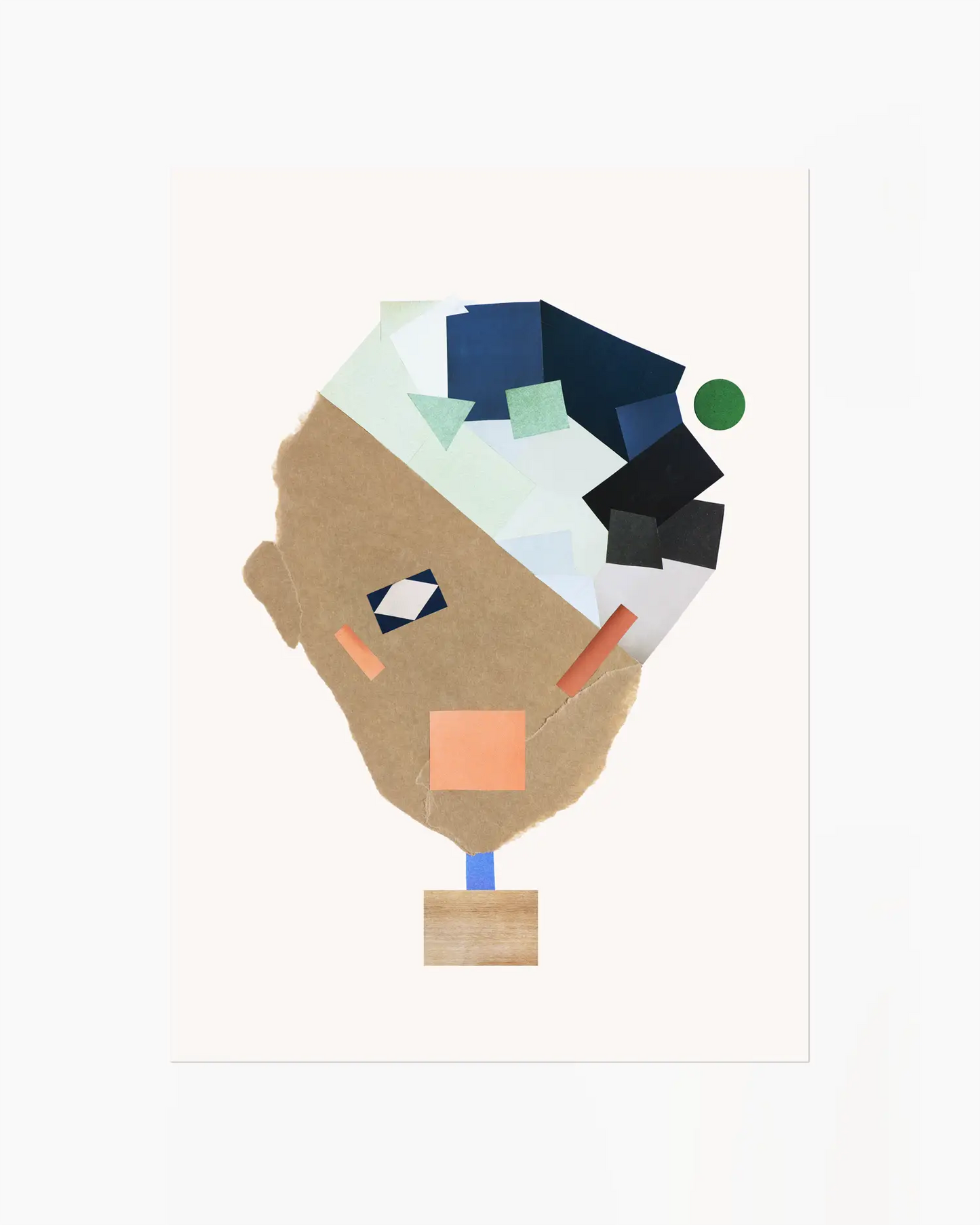 Nursery poster of a collage face made from colorful shapes on a white background