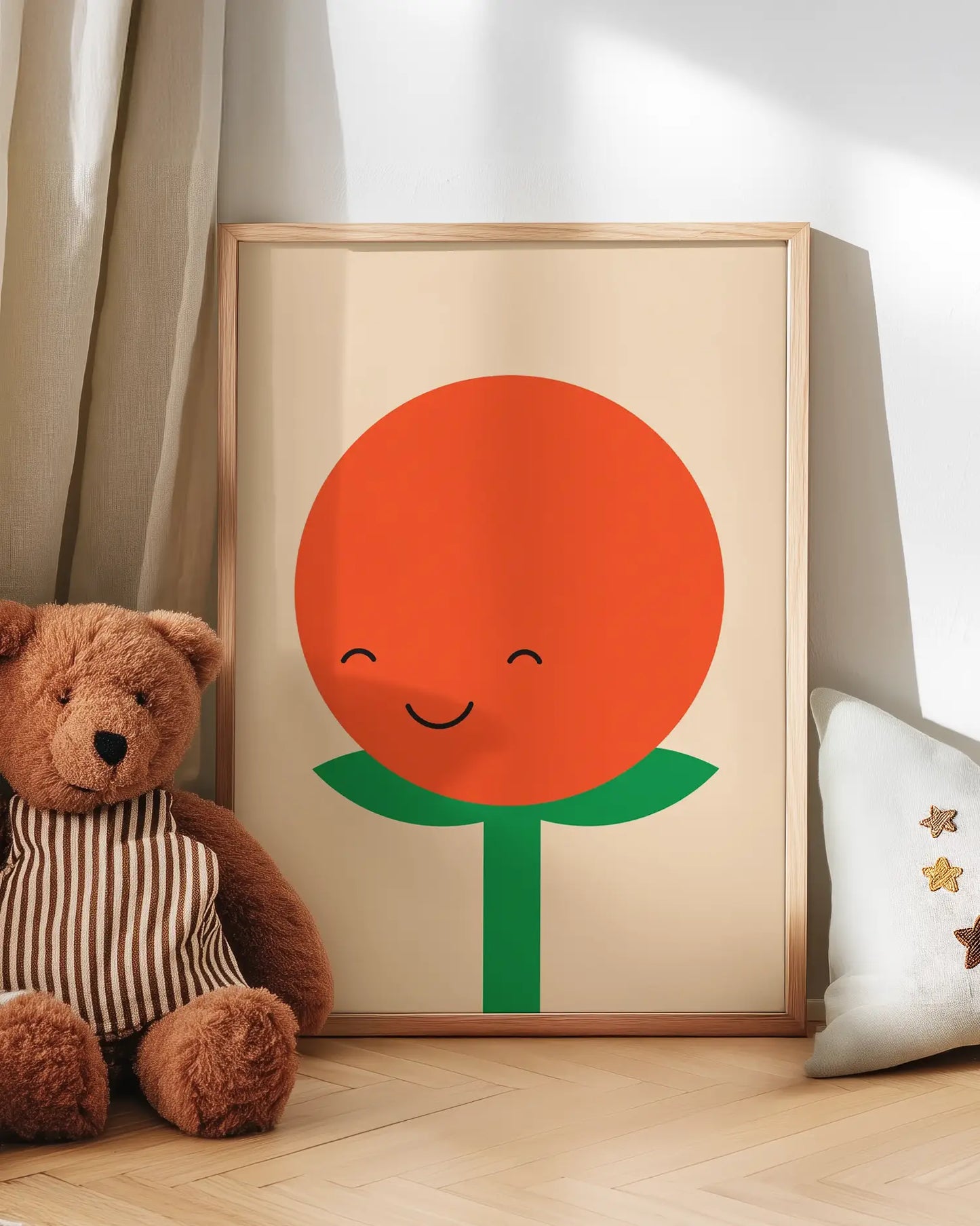 Children's poster with a smiling tomato on a wooden floor next to a teddy bear.