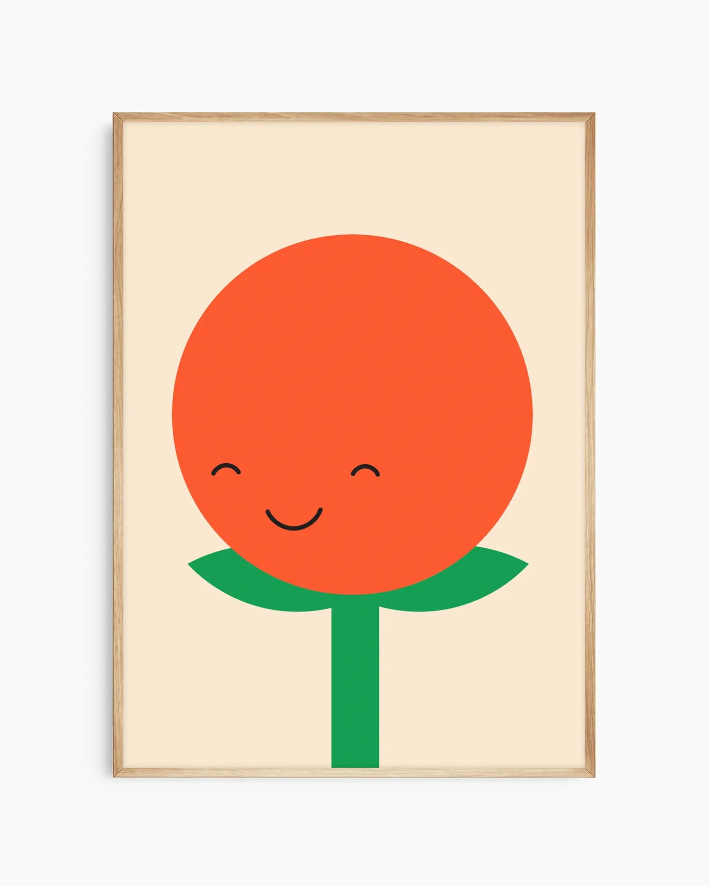 Nursery poster of a smiling tomato with a green stem on a beige background framed in an oak frame