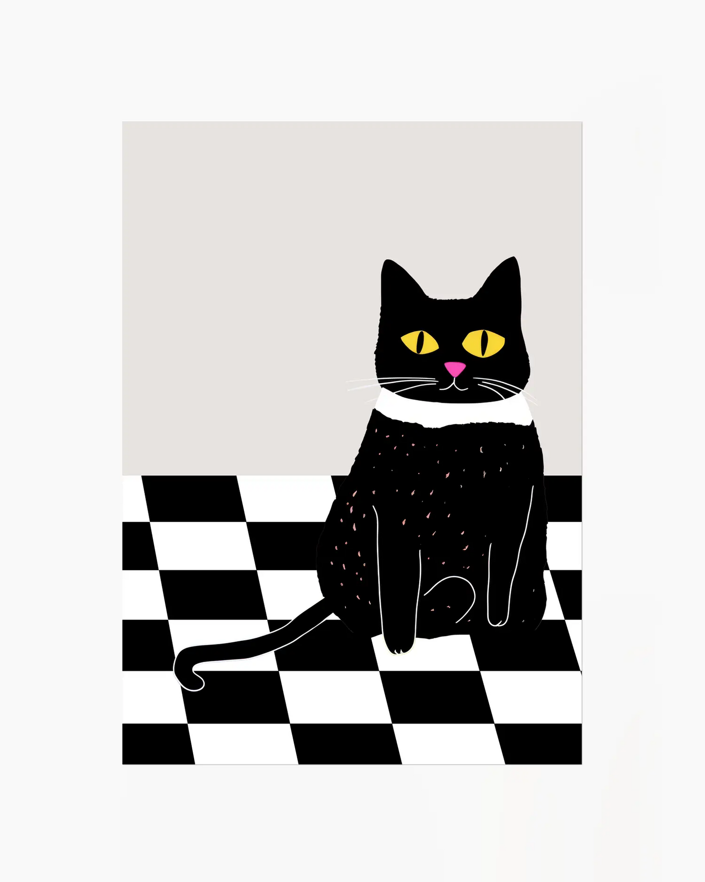 Nursery poster of a black cat with yellow eyes and a pink nose on a checkered floor.