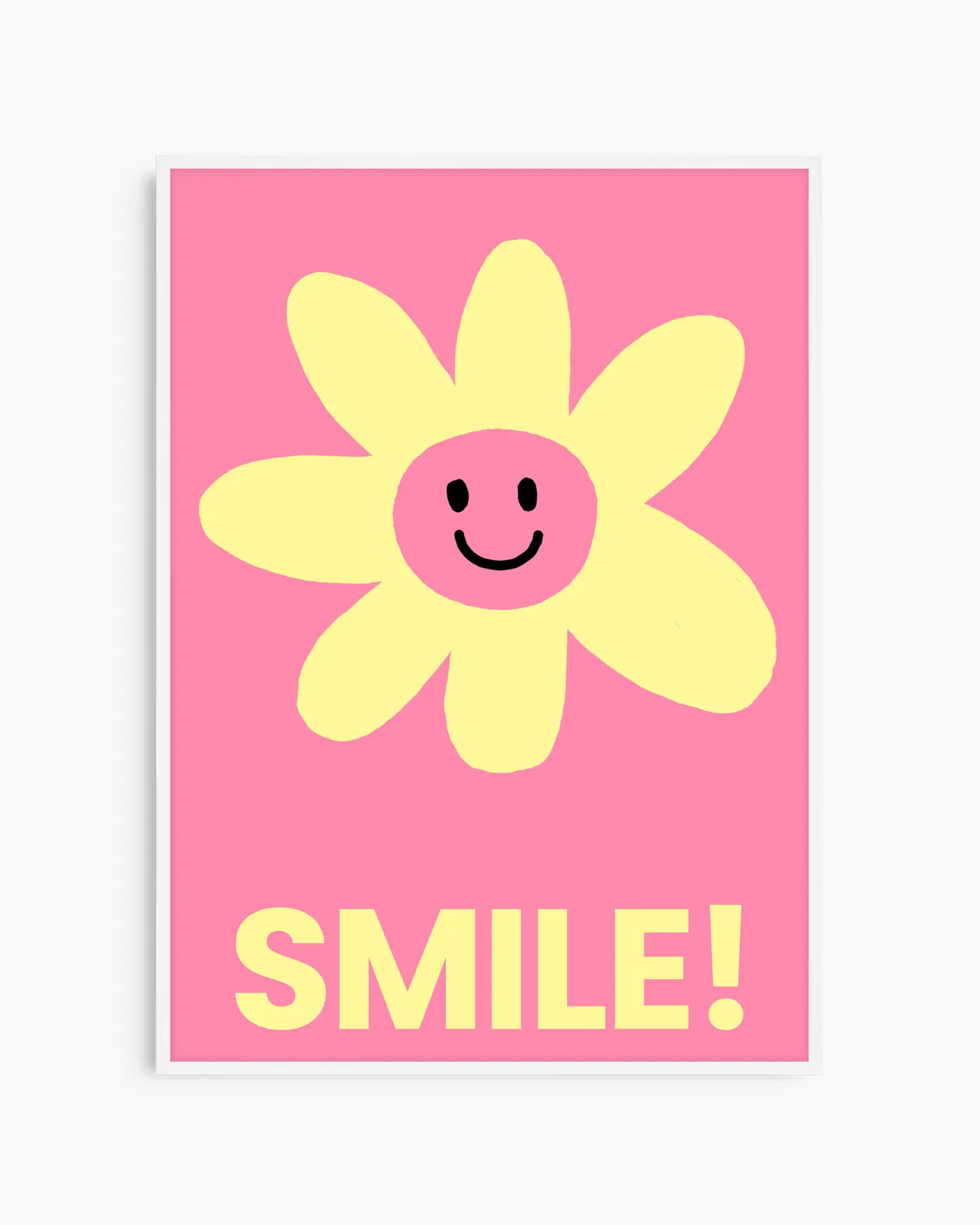 Pink nursery poster with a yellow smiling flower and 'SMILE!' written on it, framed in a white frame.