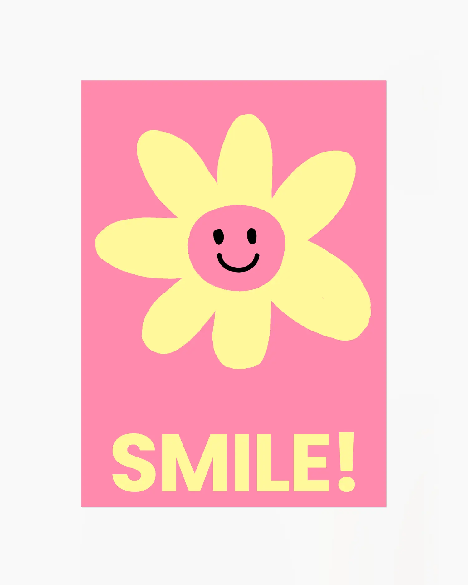 Pink nursery poster with a yellow smiling flower and 'SMILE!' written on it.