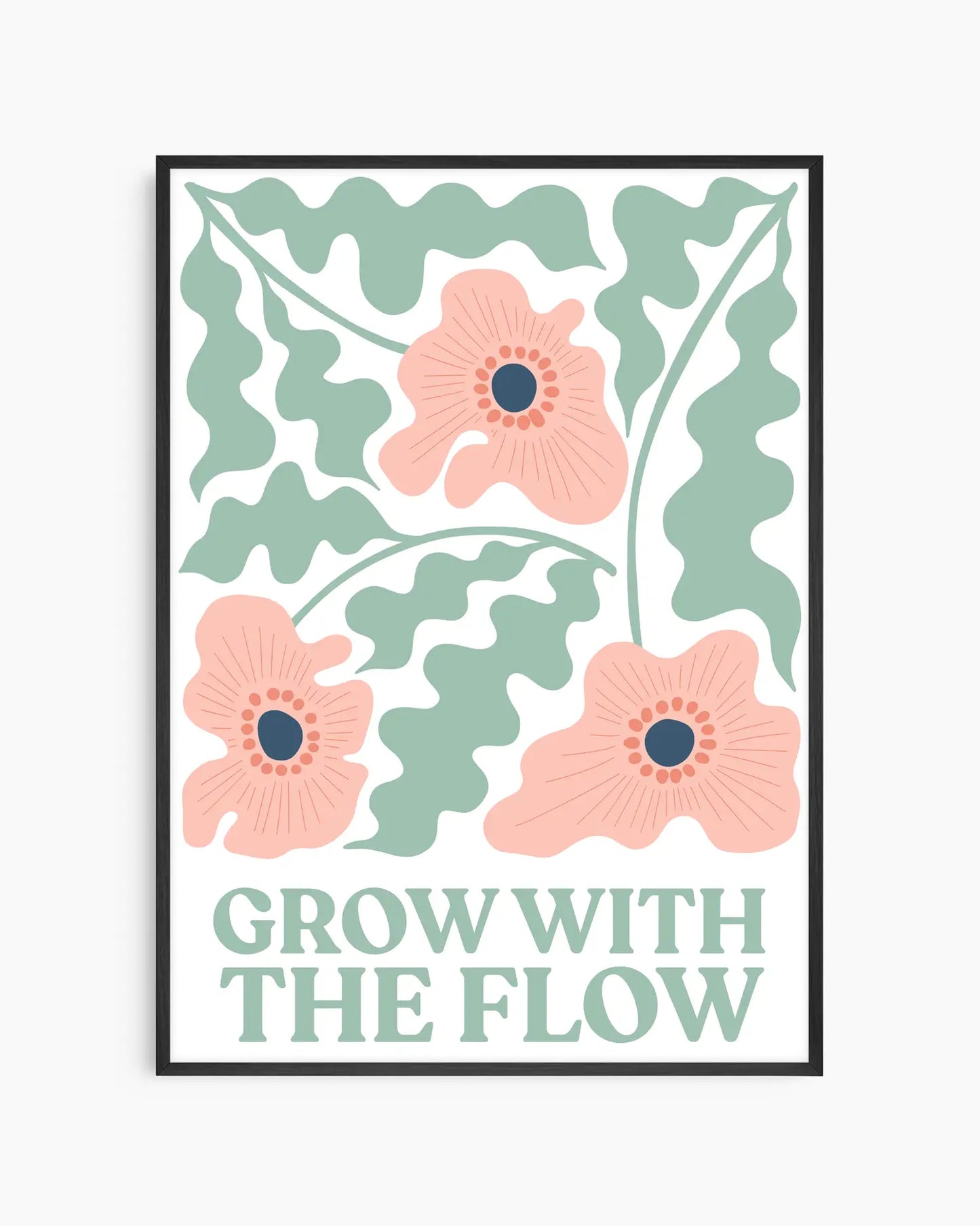 Nursery poster of flowers and the text 'Grow with the flow' written on it in green, framed in a black frame