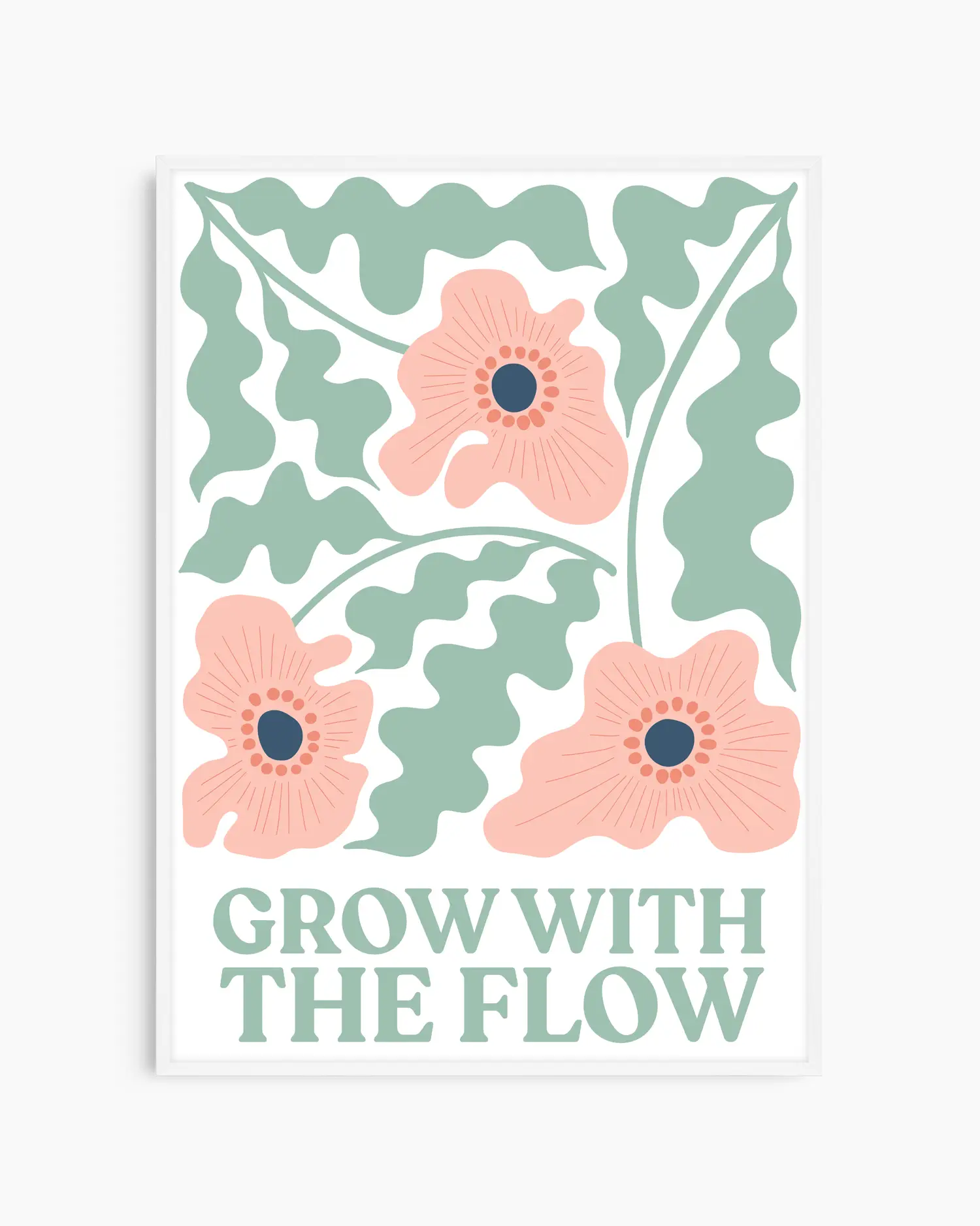 Nursery poster of flowers and the text 'Grow with the flow' written on it in green, framed in a white frame