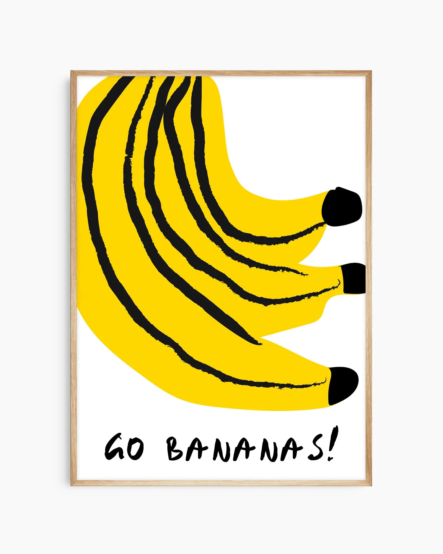 Nursery poster of bananas with the text 'GO BANANAS!' on a white background framed in oak frame