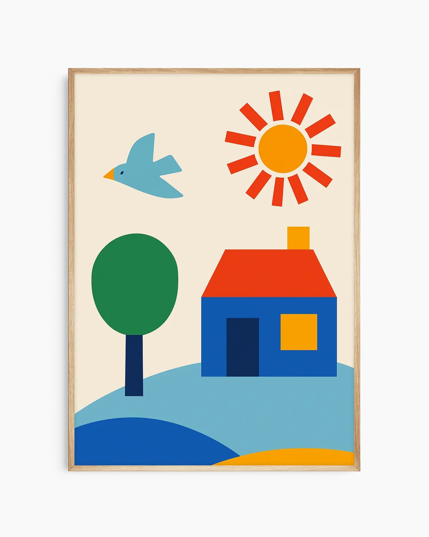 Colorful nursery poster of a house, tree, sun, and bird on a beige background framed in an oak frame