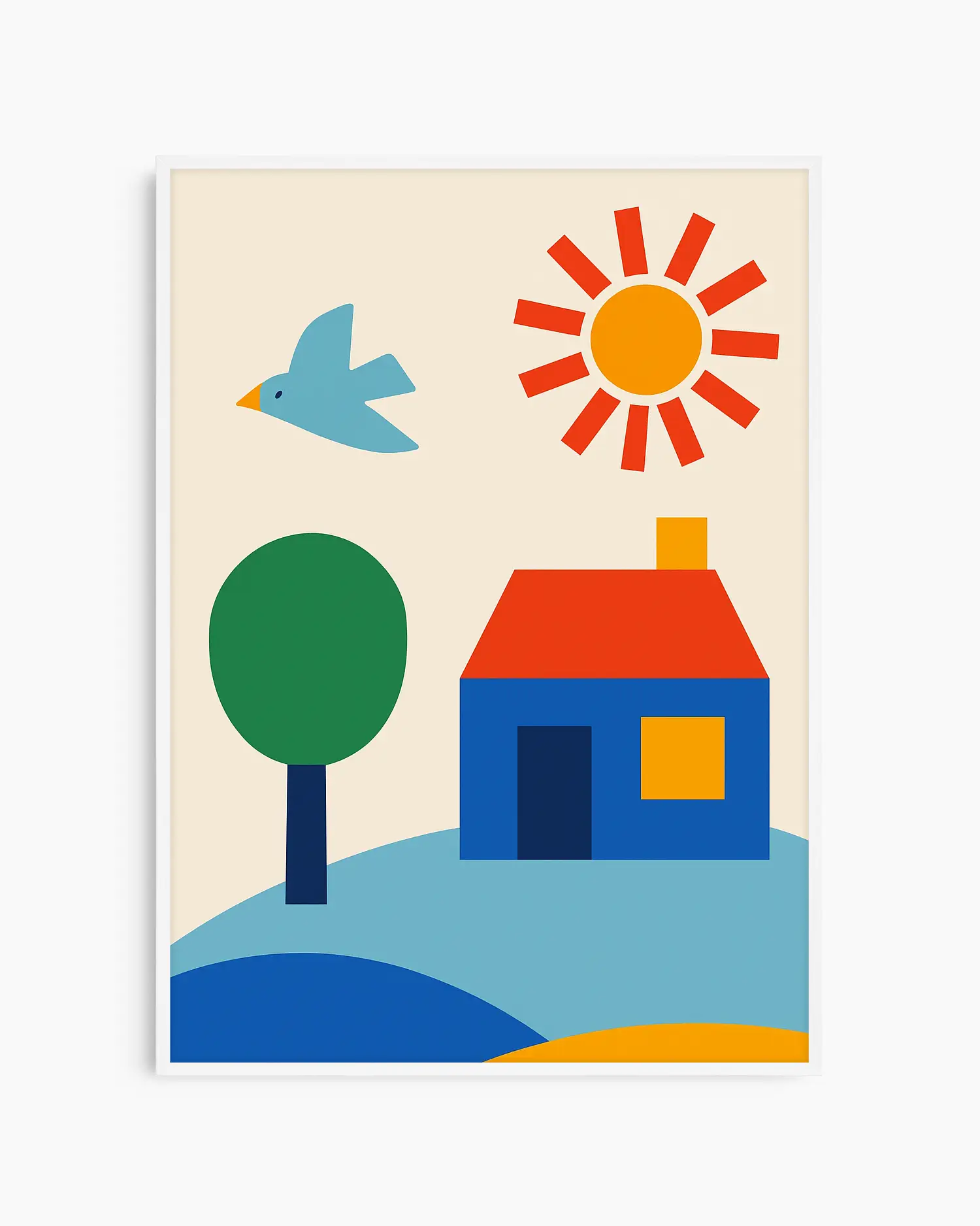 Colorful nursery poster of a house, tree, sun, and bird on a beige background framed in a white wooden frame