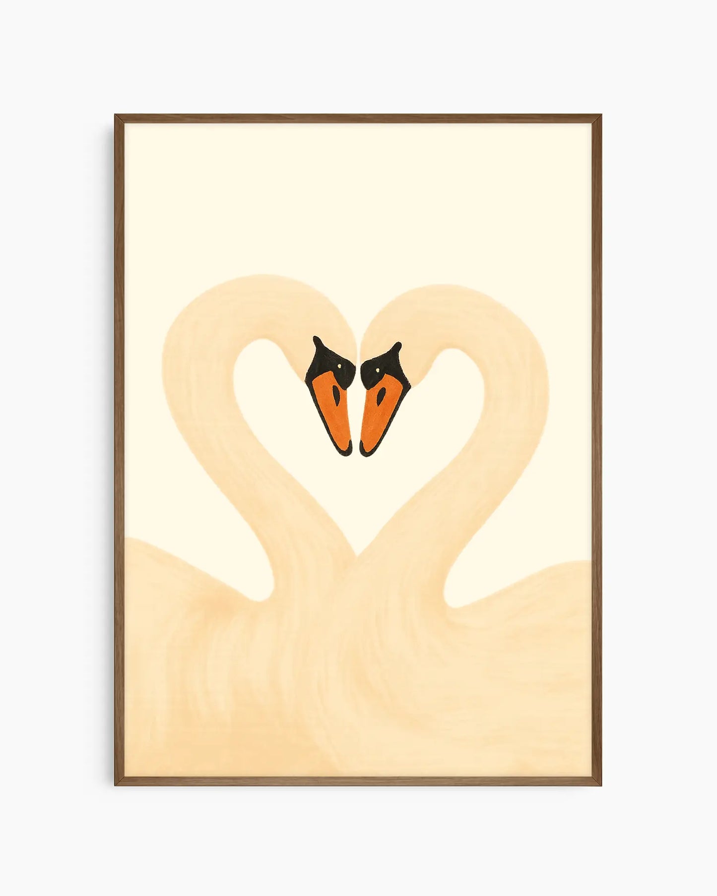 Framed artwork of two swans forming a heart on a light background