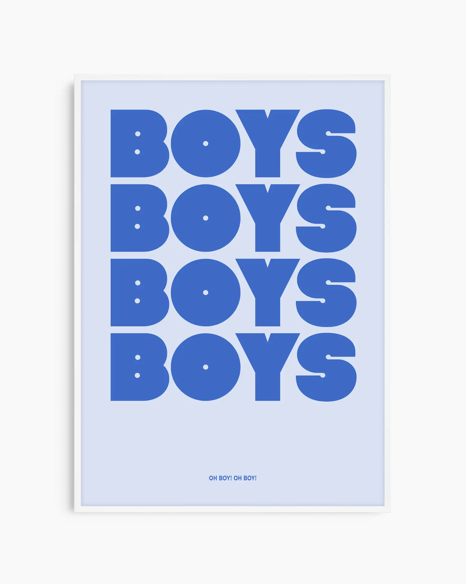 Nursery poster with repetitive text 'BOYS' in blue on a light blue background. White frame.