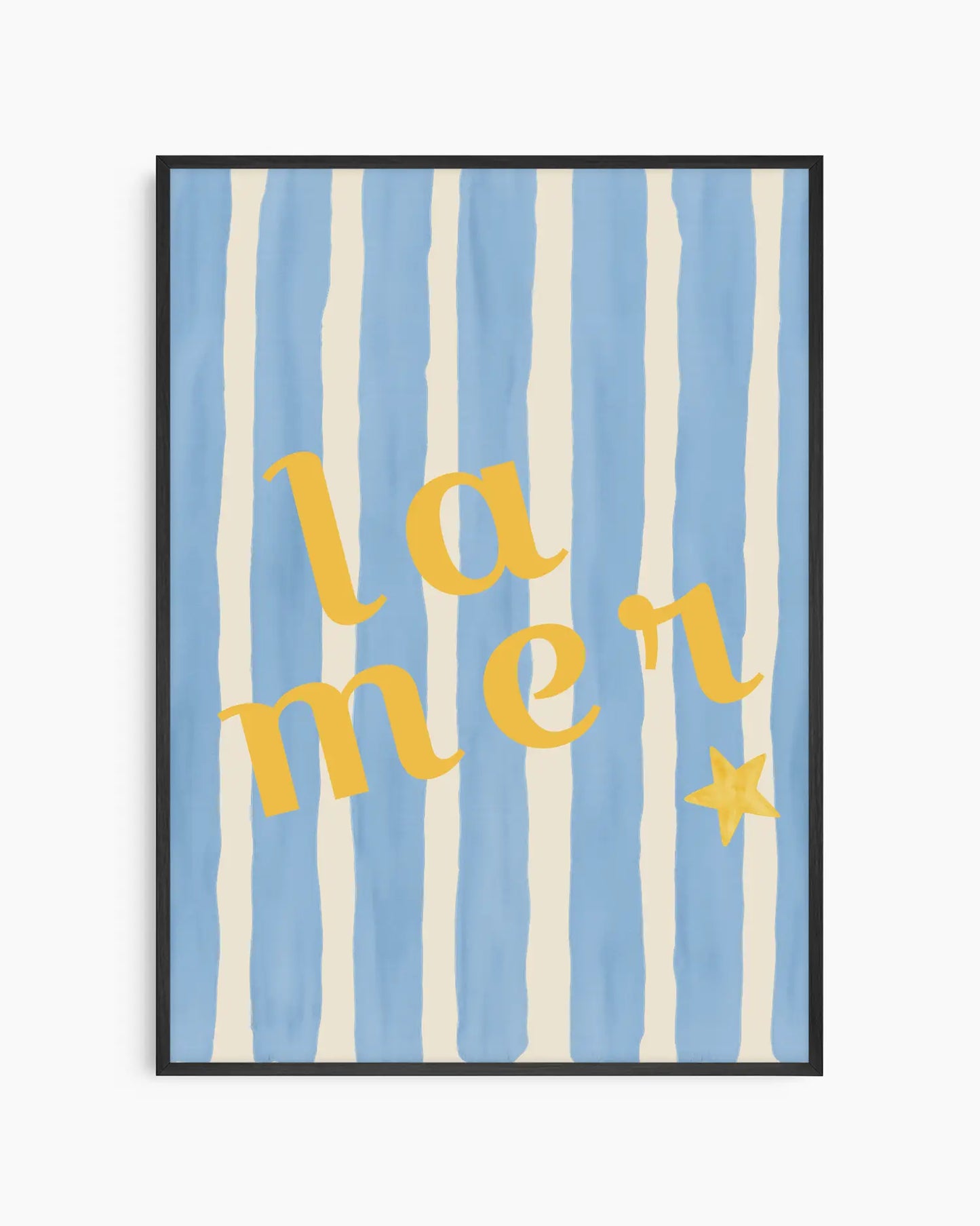 Nursery artwork with 'la mer' text on a blue and white striped background in a black wooden frame.