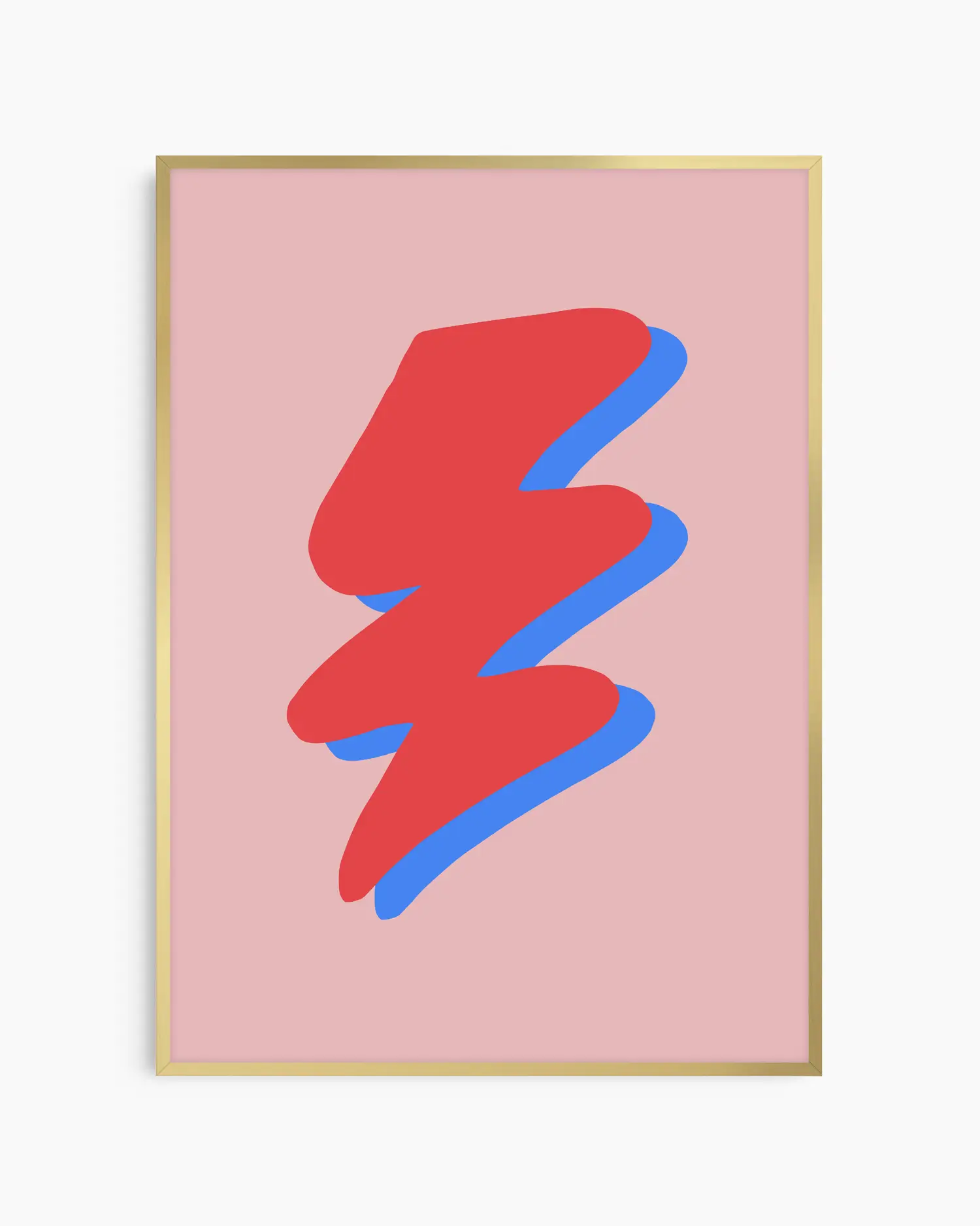 Warm, minimalist wall art in pastel red tones on a pastel red background, shown in a gold frame.