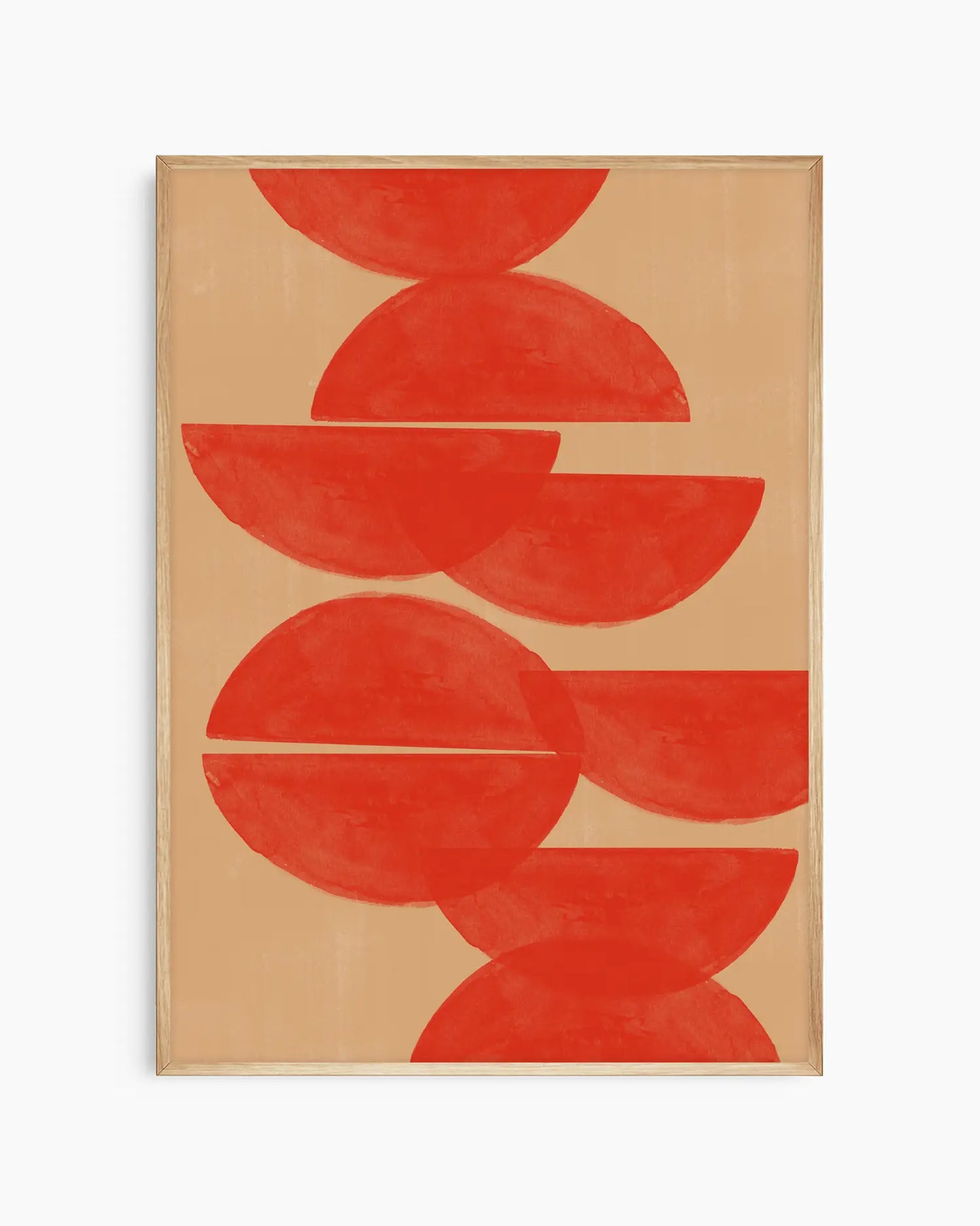 Warm, minimalist wall art in bright red tones on a bright red background, shown in a oak frame.