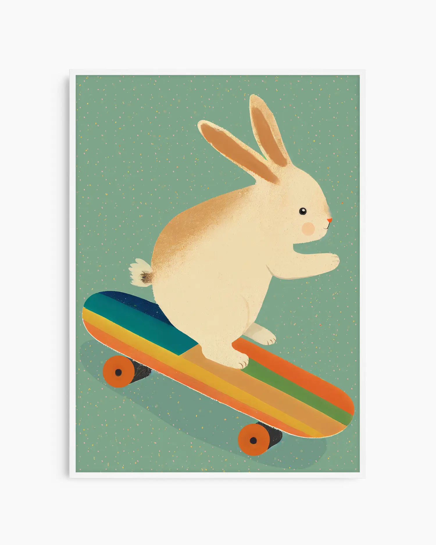 Framed artwork of a rabbit riding a rainbow skateboard on a green background