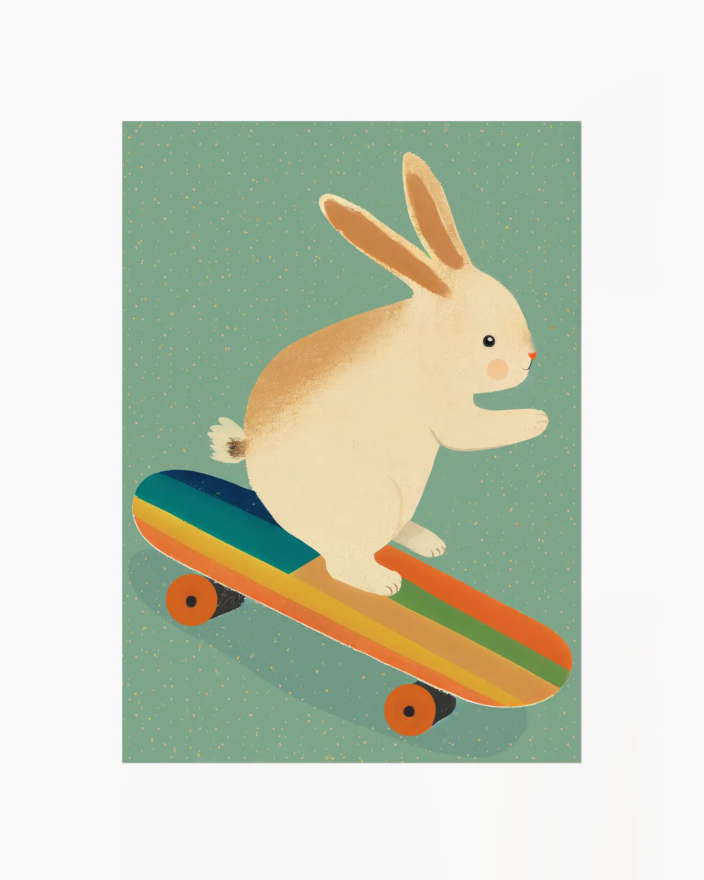 Illustration of a rabbit riding a rainbow skateboard on a green background