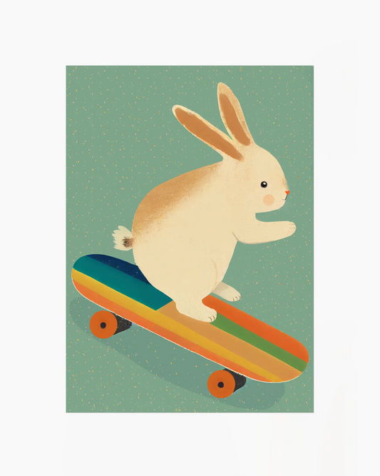 Illustration of a rabbit riding a rainbow skateboard on a green background