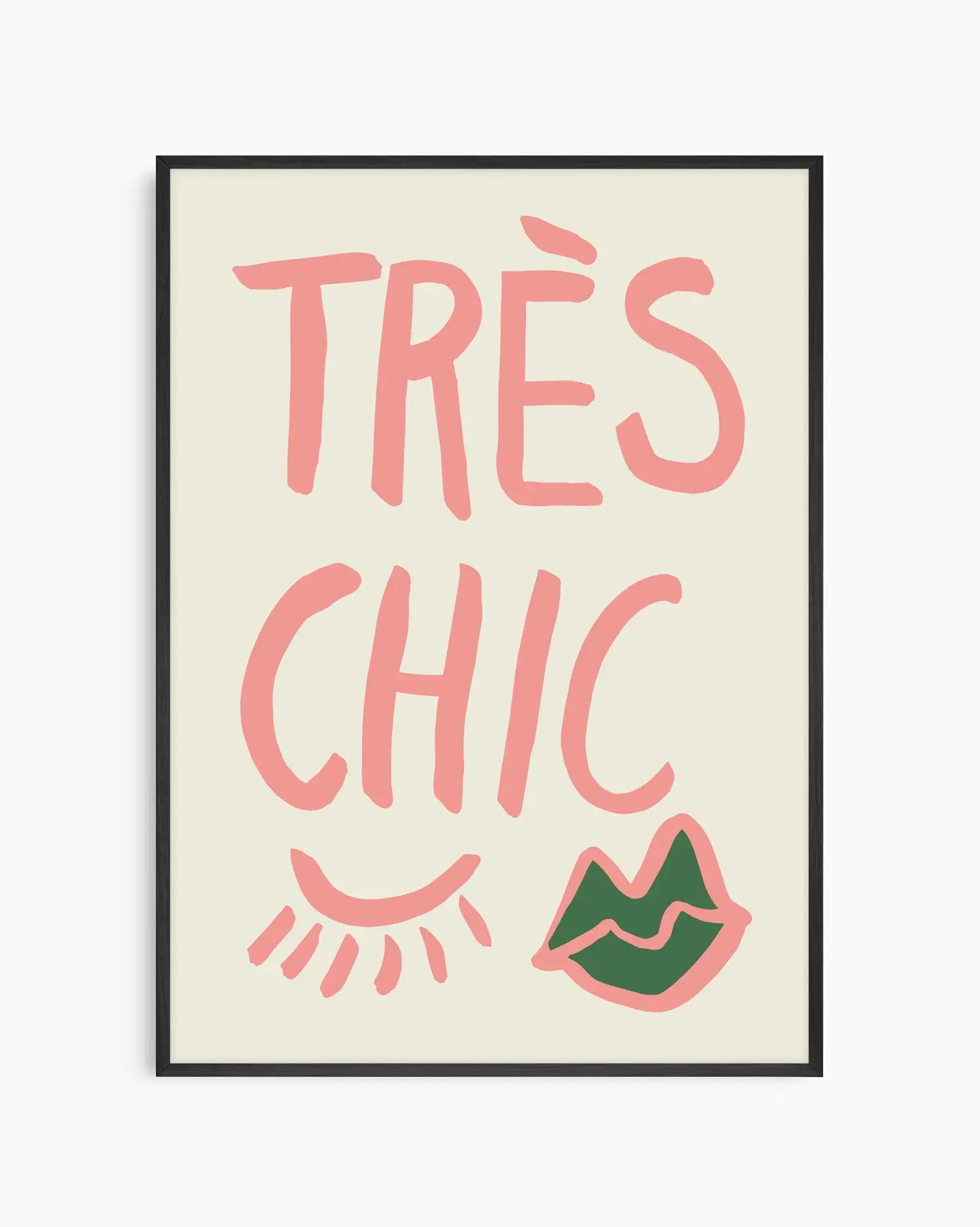 Framed artwork with 'Très Chic' text and decorative elements on a beige background