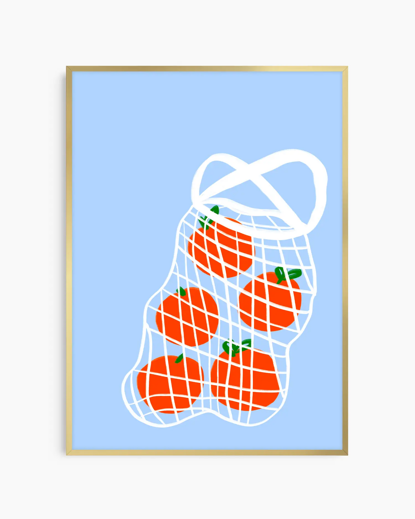 Framed artwork of tomatoes in a mesh on a light blue background