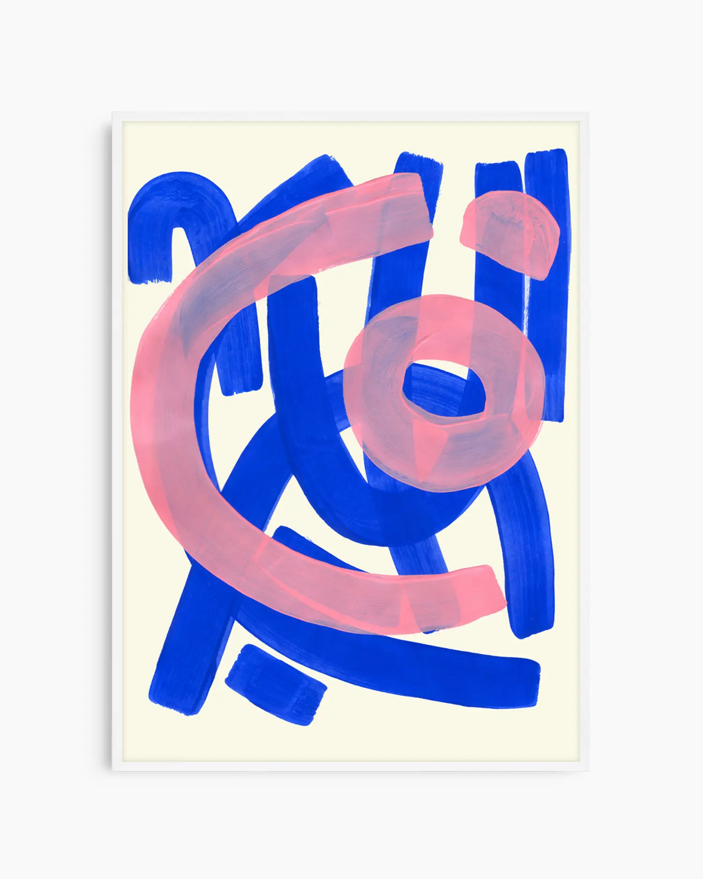 Abstract art print with blue and pink brush strokes on a beige background, in a white frame