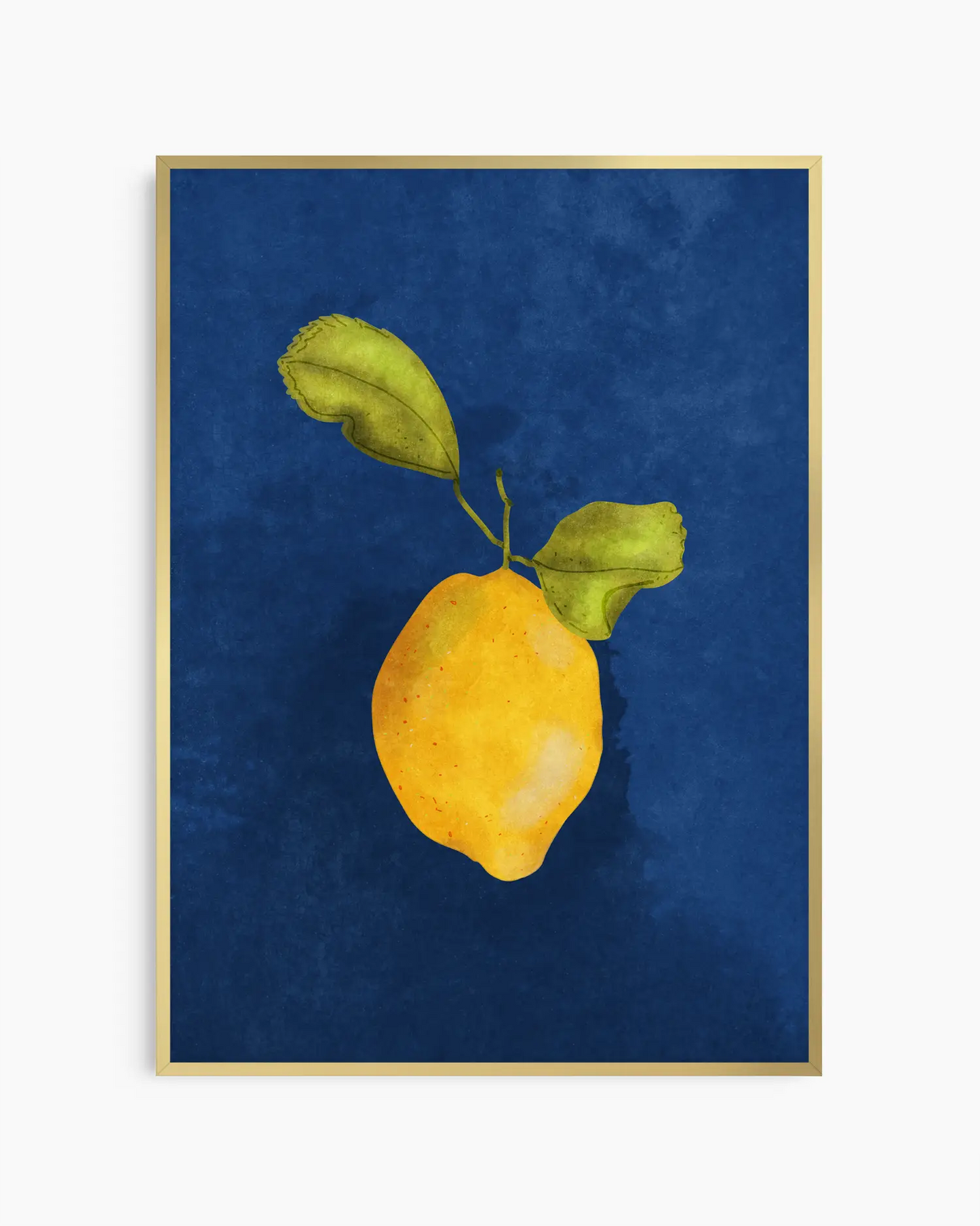 Framed artwork of a yellow lemon with green leaves on a blue background
