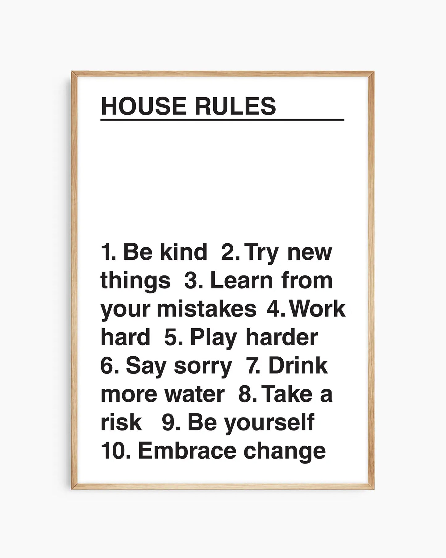 Framed poster with 'House Rules' text on a white background