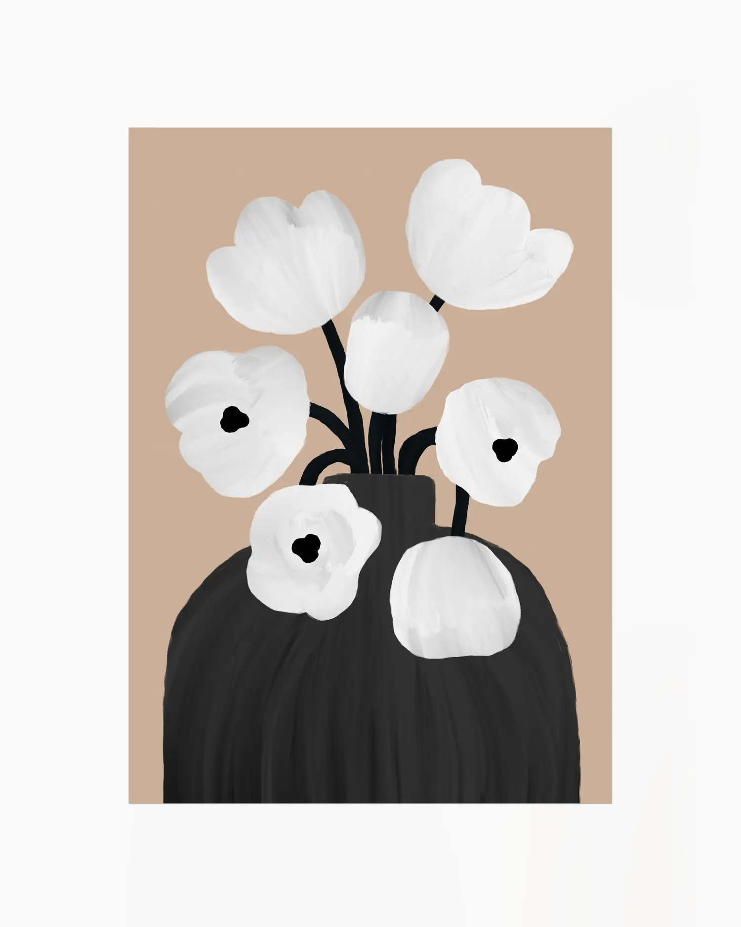 Art print of white flowers in a black vase on a beige background