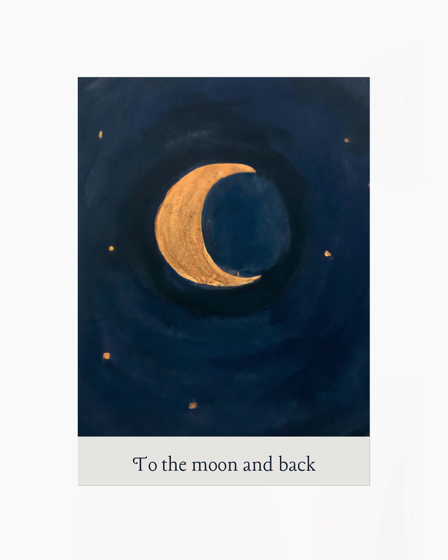 Illustration of a crescent moon in a starry night sky with 'To the moon and back' text at the bottom.