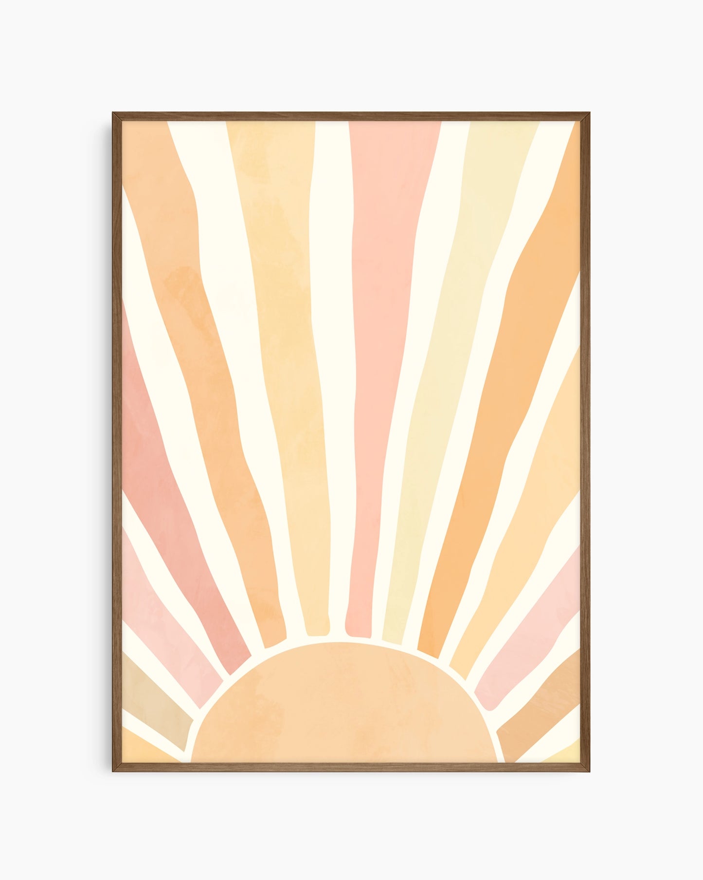 Framed abstract art print with a sunburst design in pastel colors on a white background