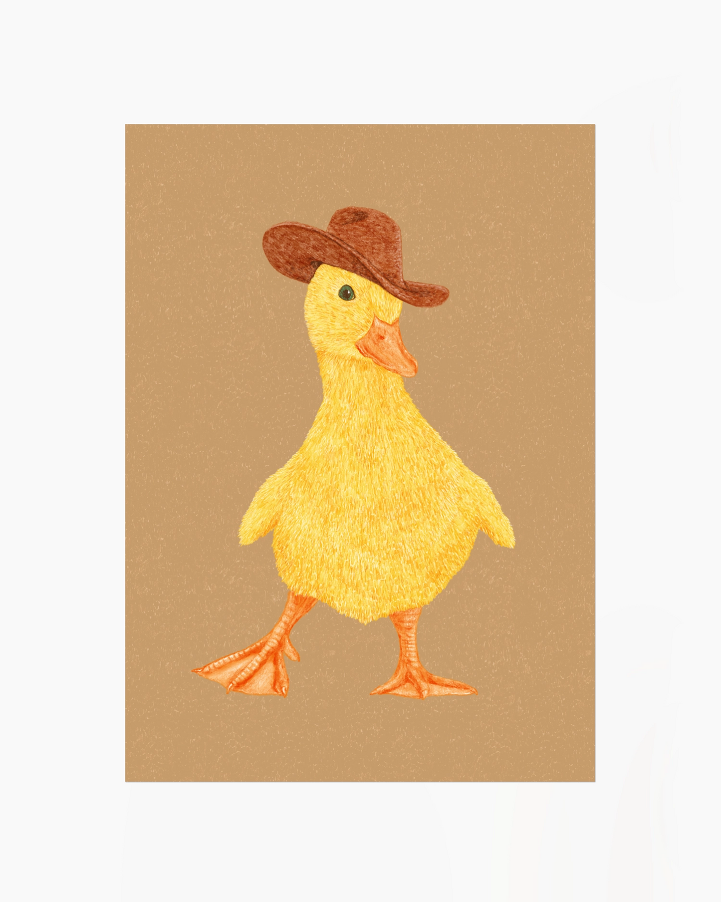 Yellow duck wearing a brown hat on a beige background