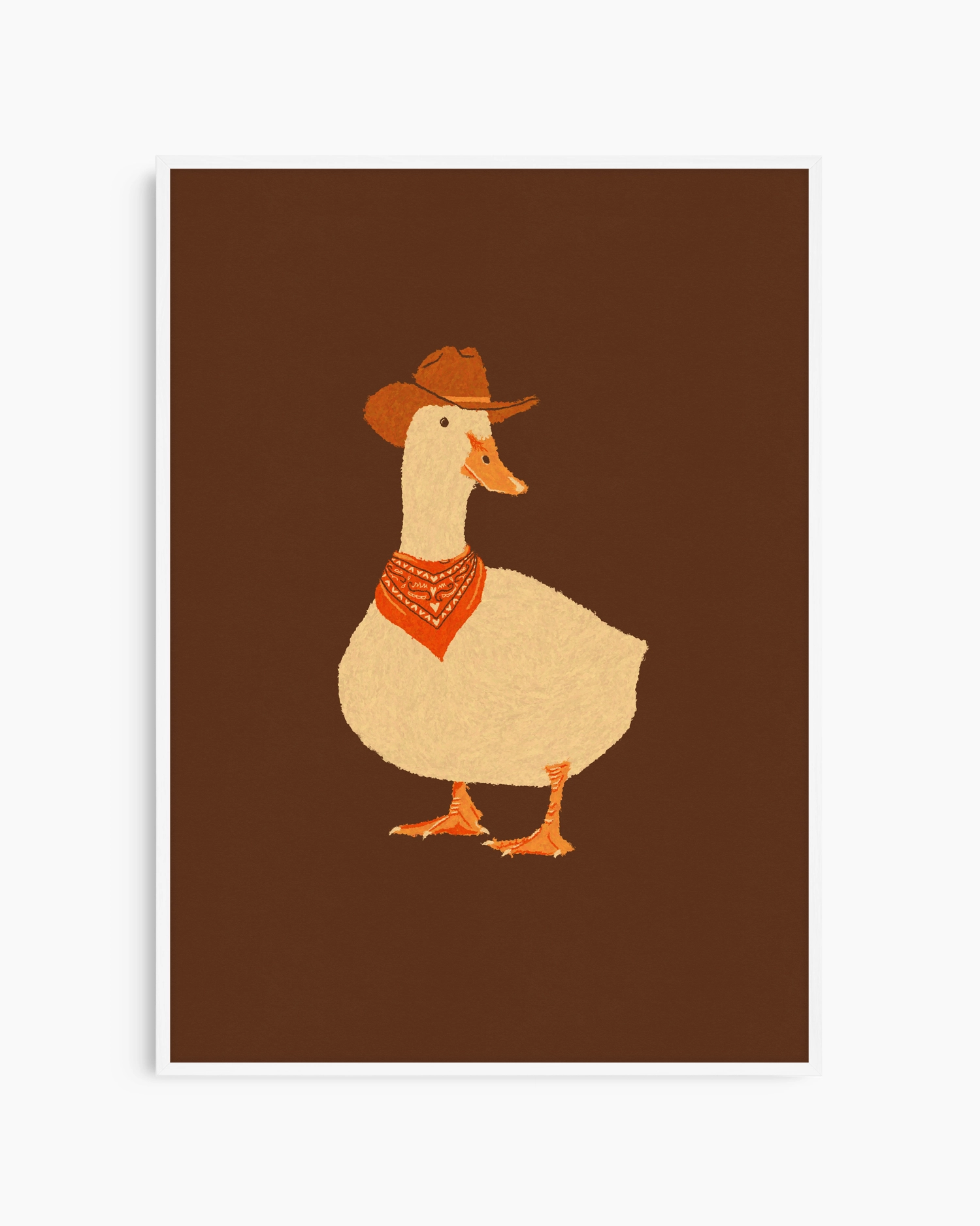 Illustration of a duck wearing a cowboy hat and bandana on a brown background