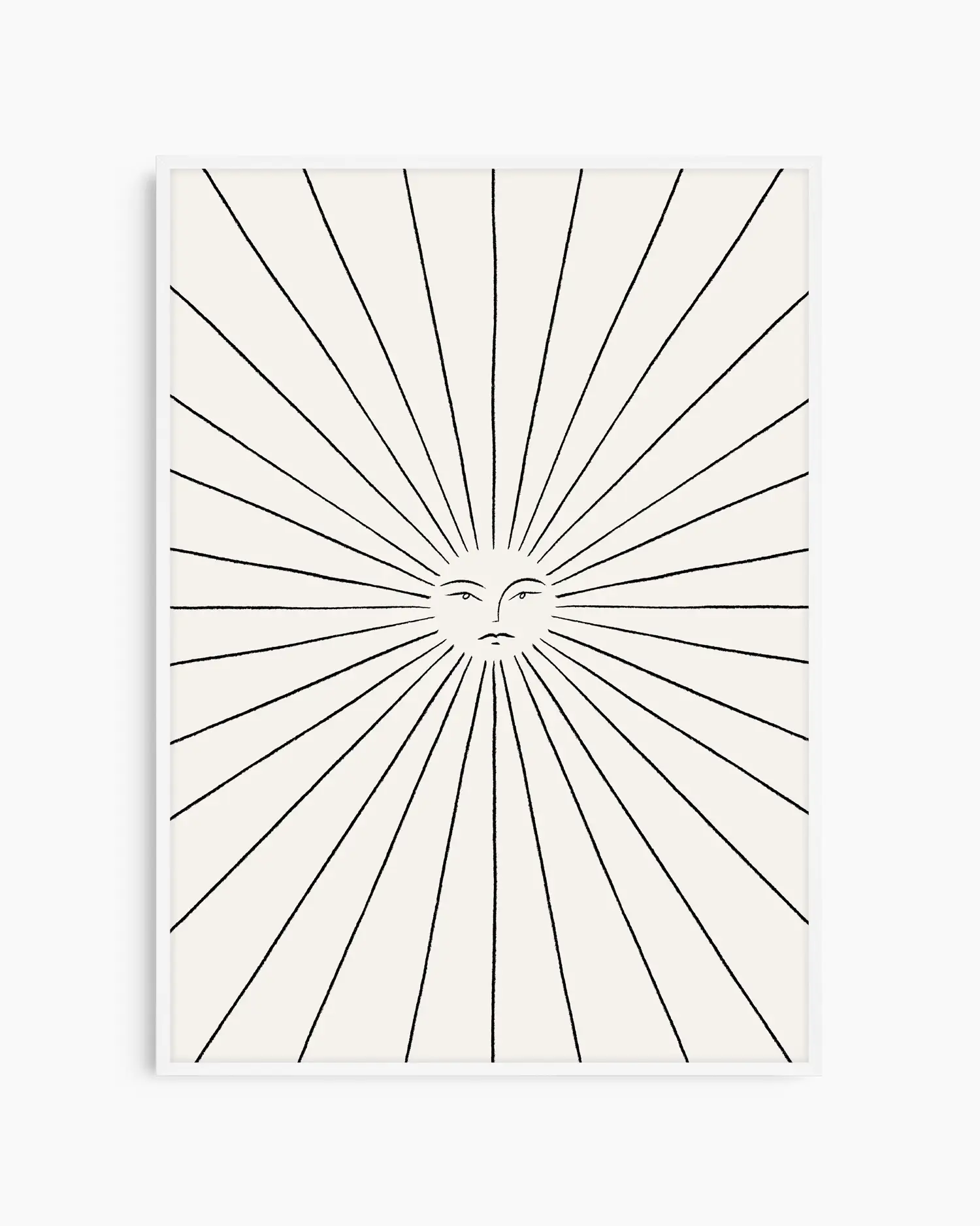 Black sunburst design with a face in the center on a white background