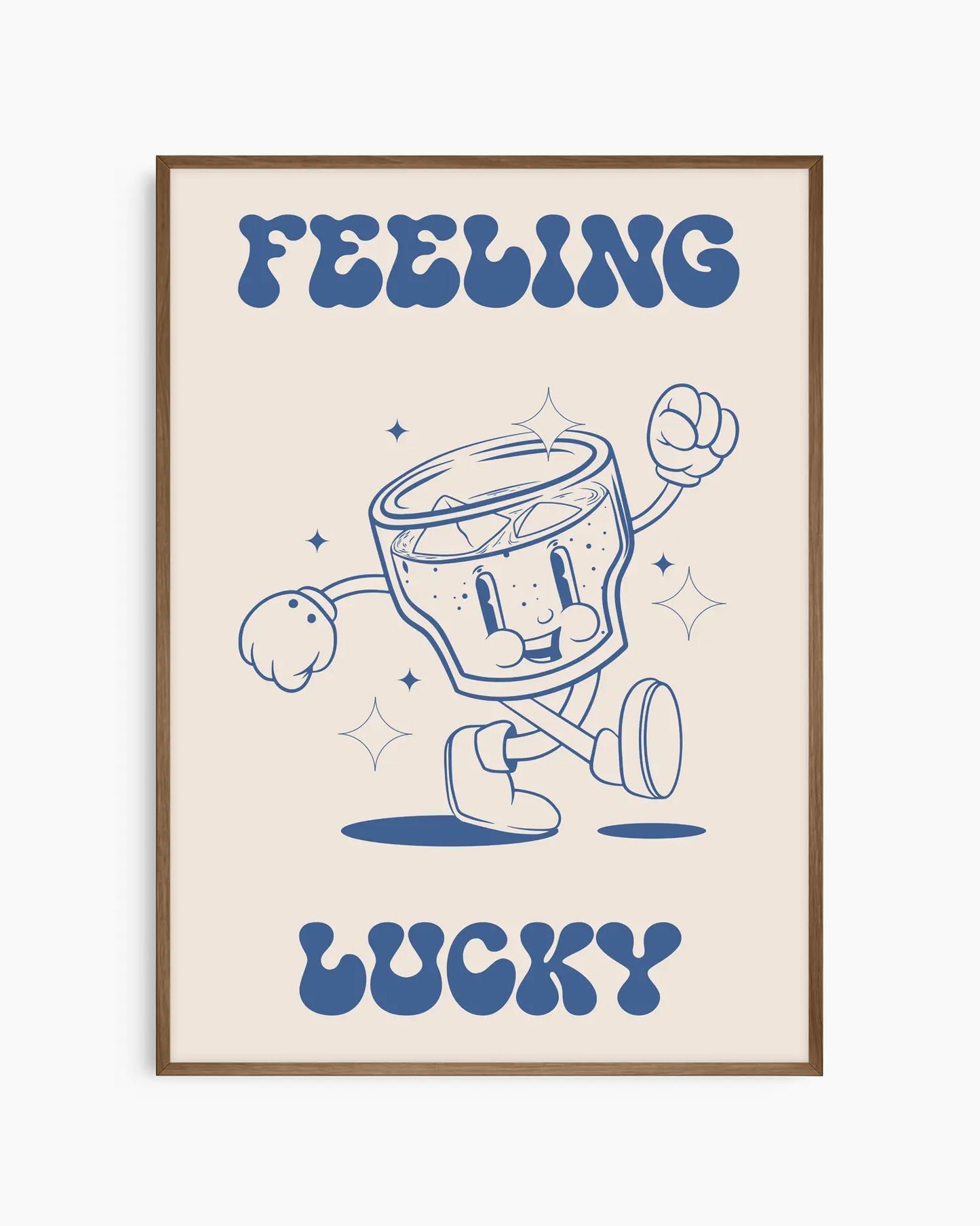 Framed artwork with a cartoon glass character and text 'Feeling Lucky' on a beige background