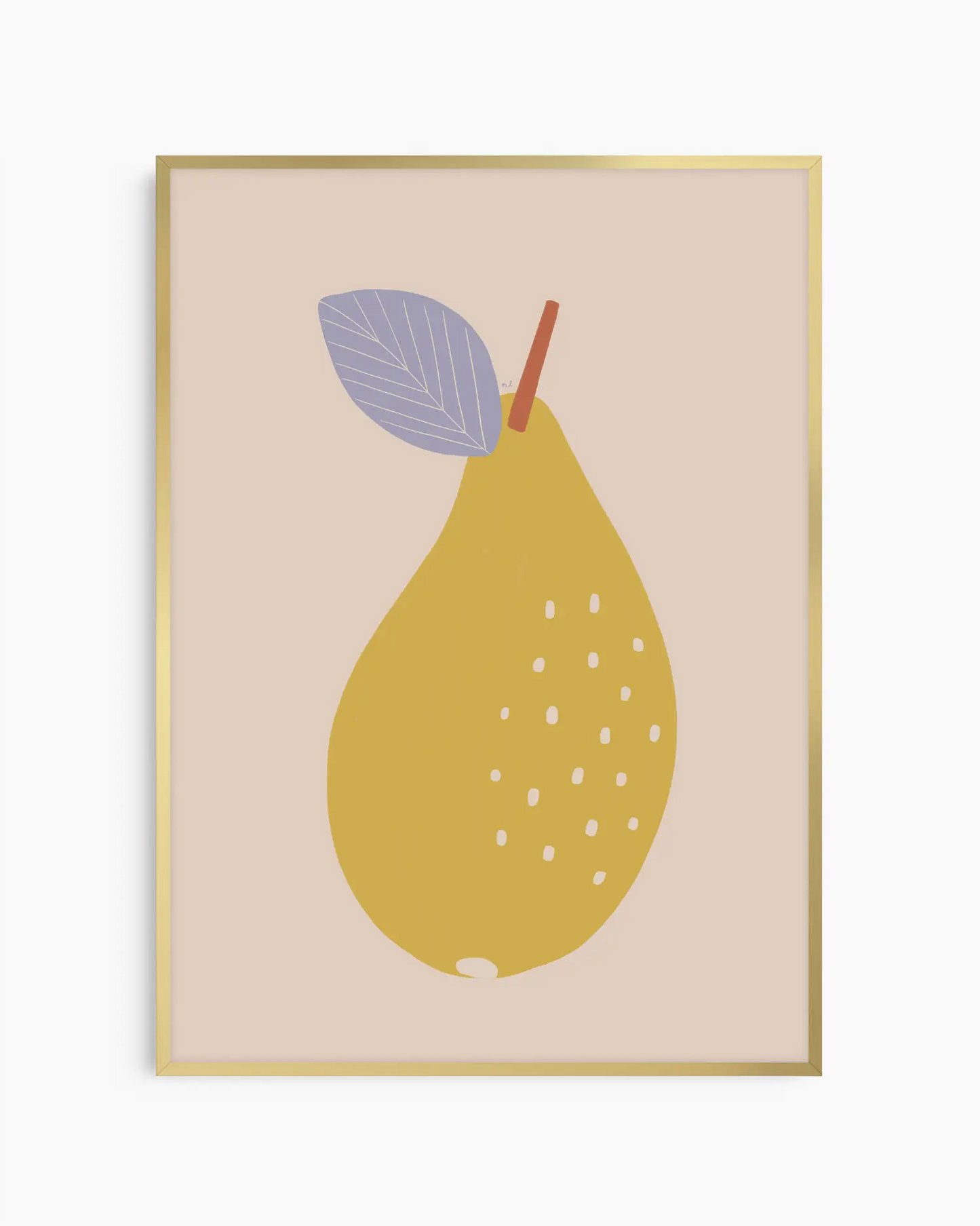 Framed artwork of a yellow pear with a purple leaf on a beige background