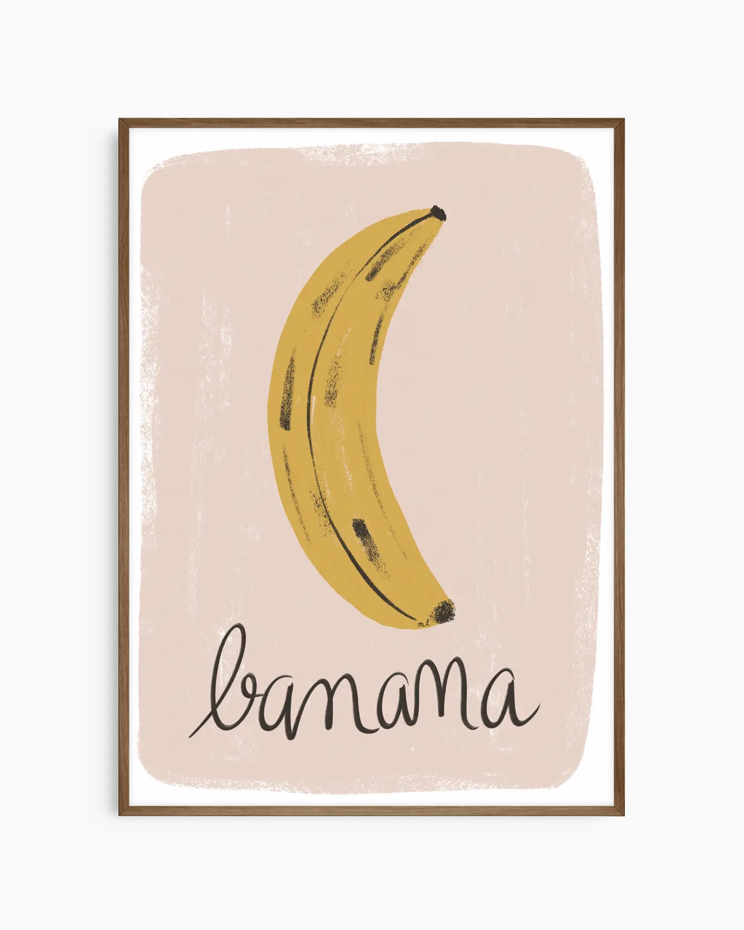 Framed artwork with a banana illustration and the word 'banana' on a beige background