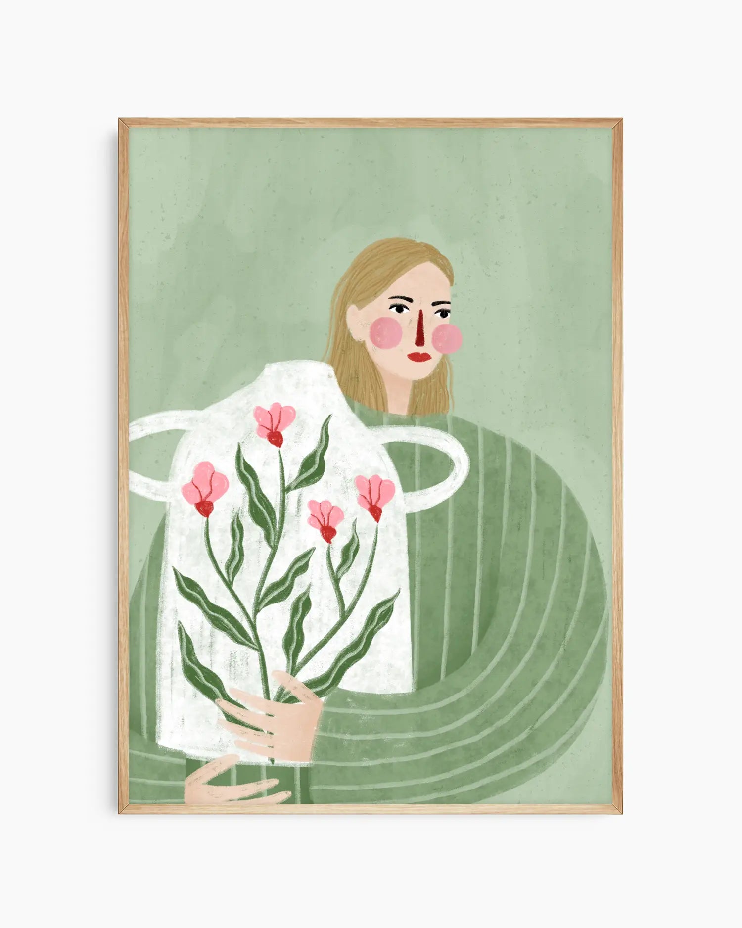 Framed artwork of a woman holding flowers against a green background