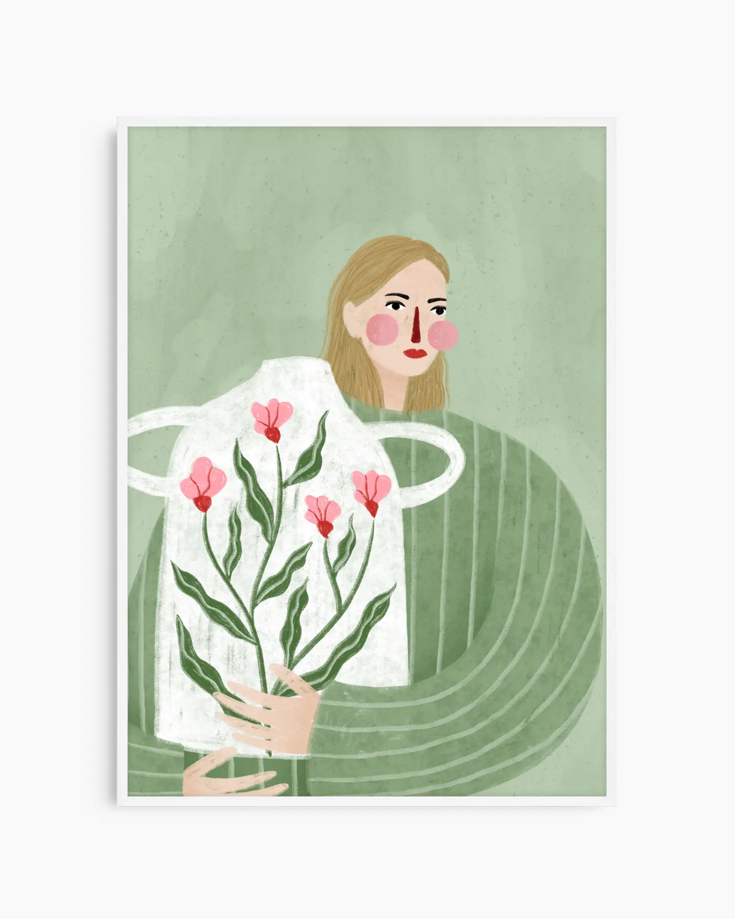 Illustration of a person holding flowers with a green background