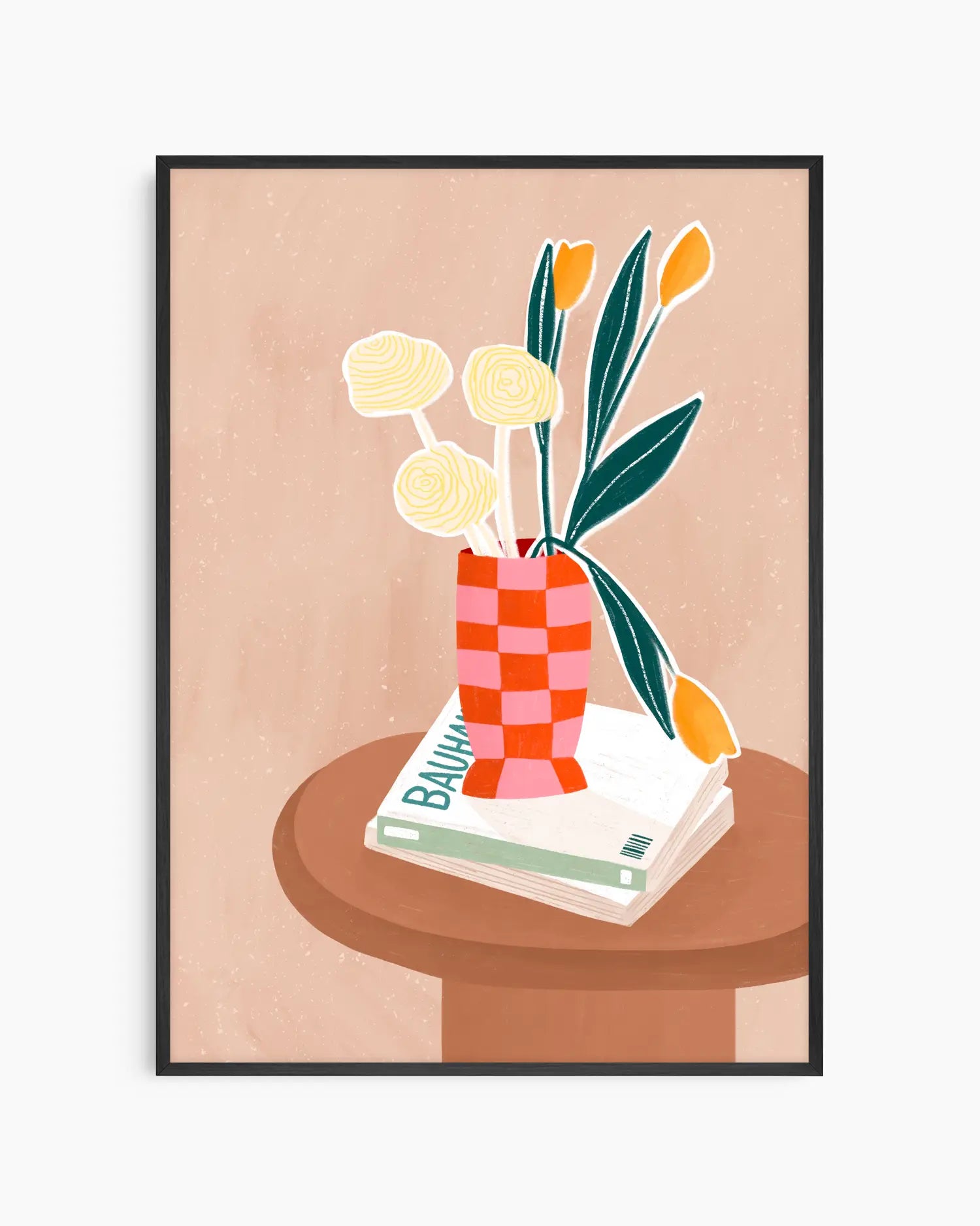 Framed artwork of a vase with flowers on books against a beige background