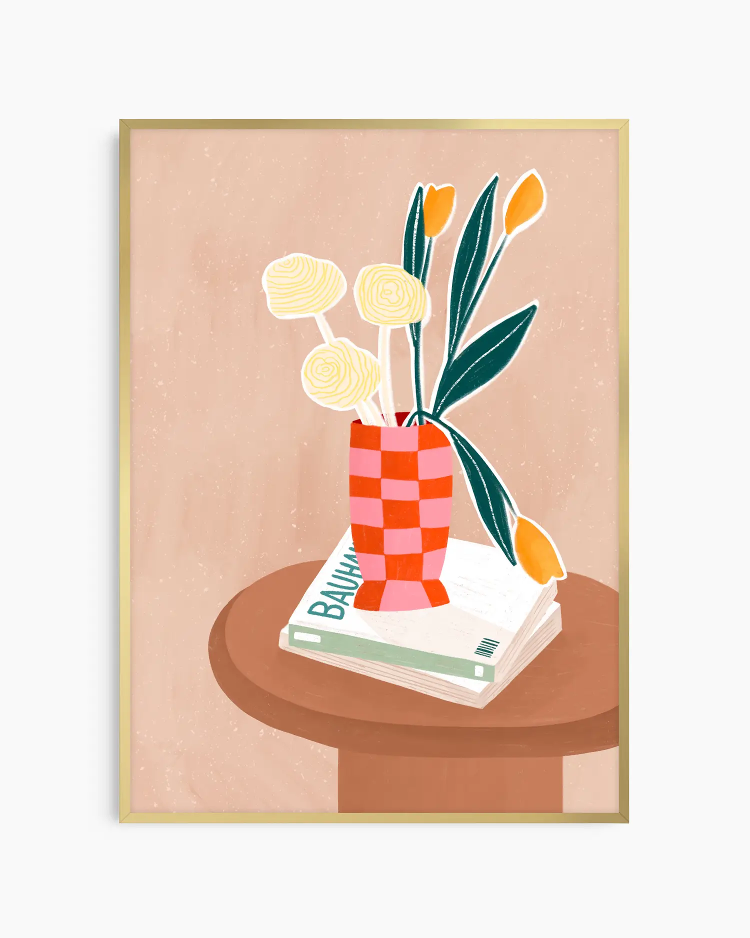Framed artwork of a vase with flowers on books against a beige background